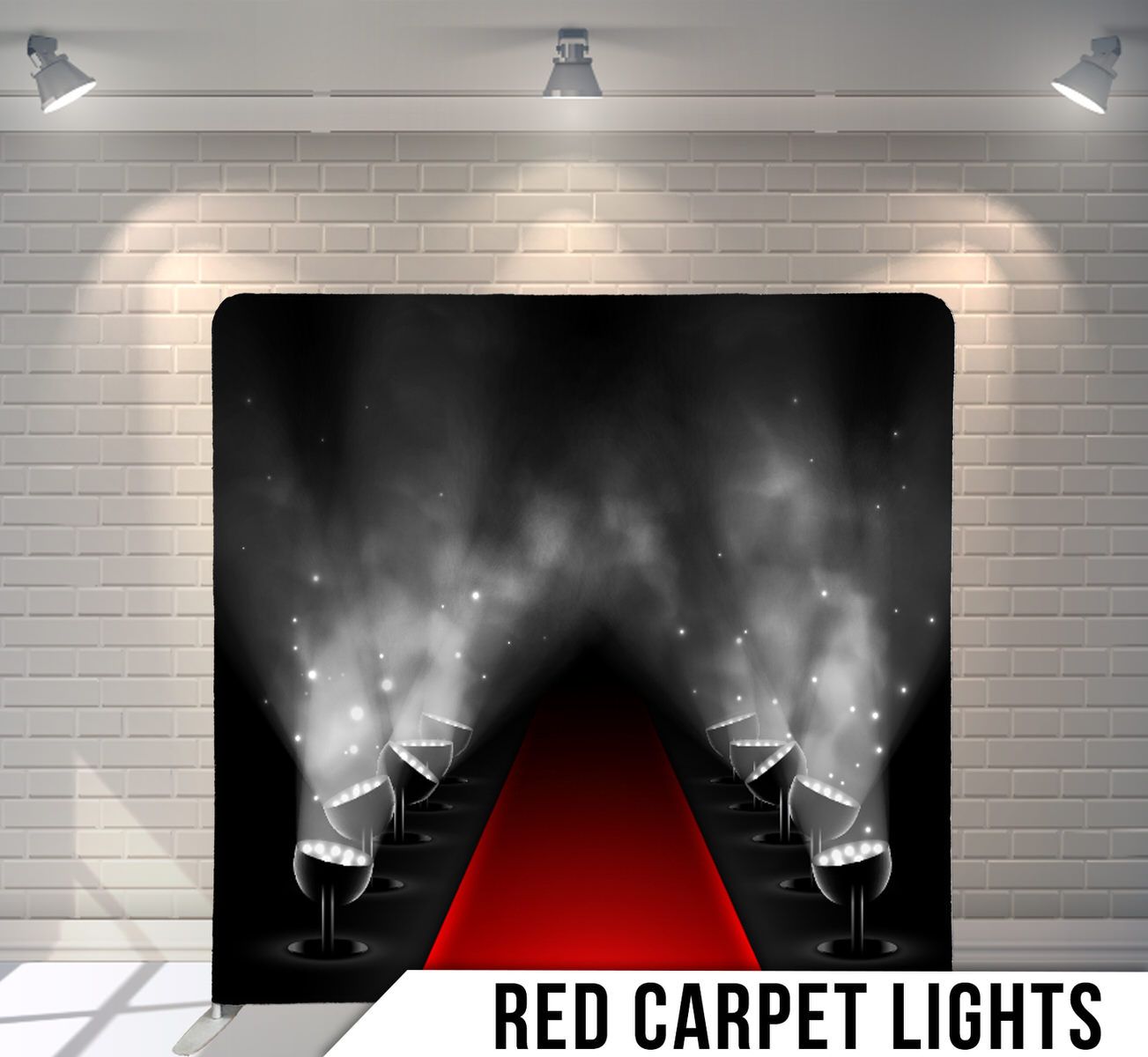 Red carpet runway with dramatic spotlights creating atmospheric lighting effects.