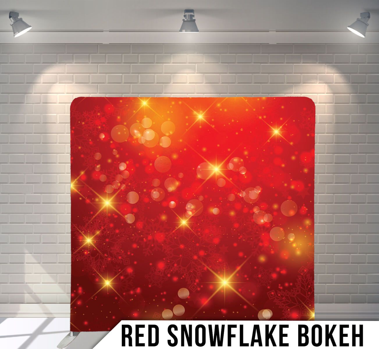 Red sparkle background with golden bokeh lights and star burst effects.