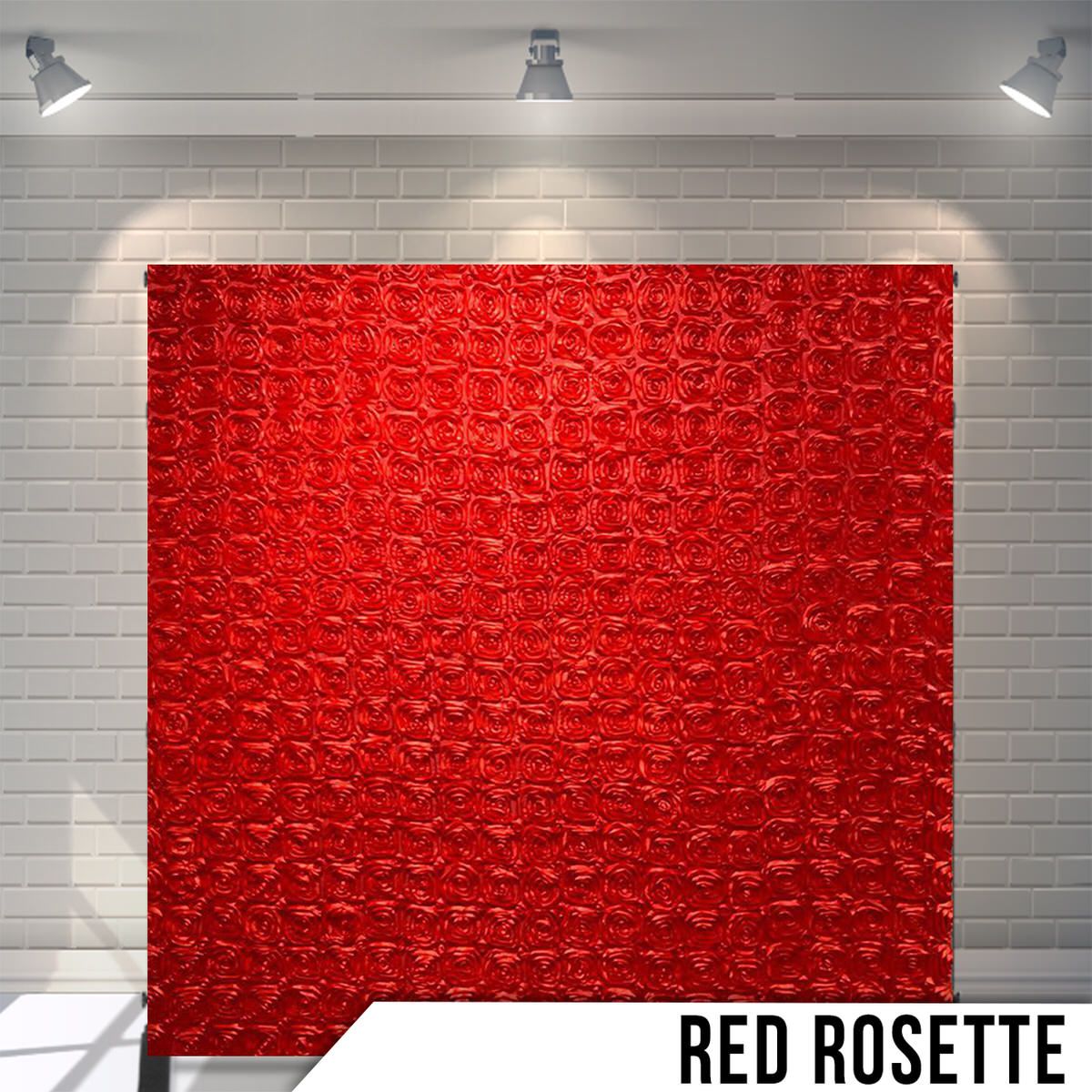 Red rosette pattern fabric backdrop with intricate circular textured designs.