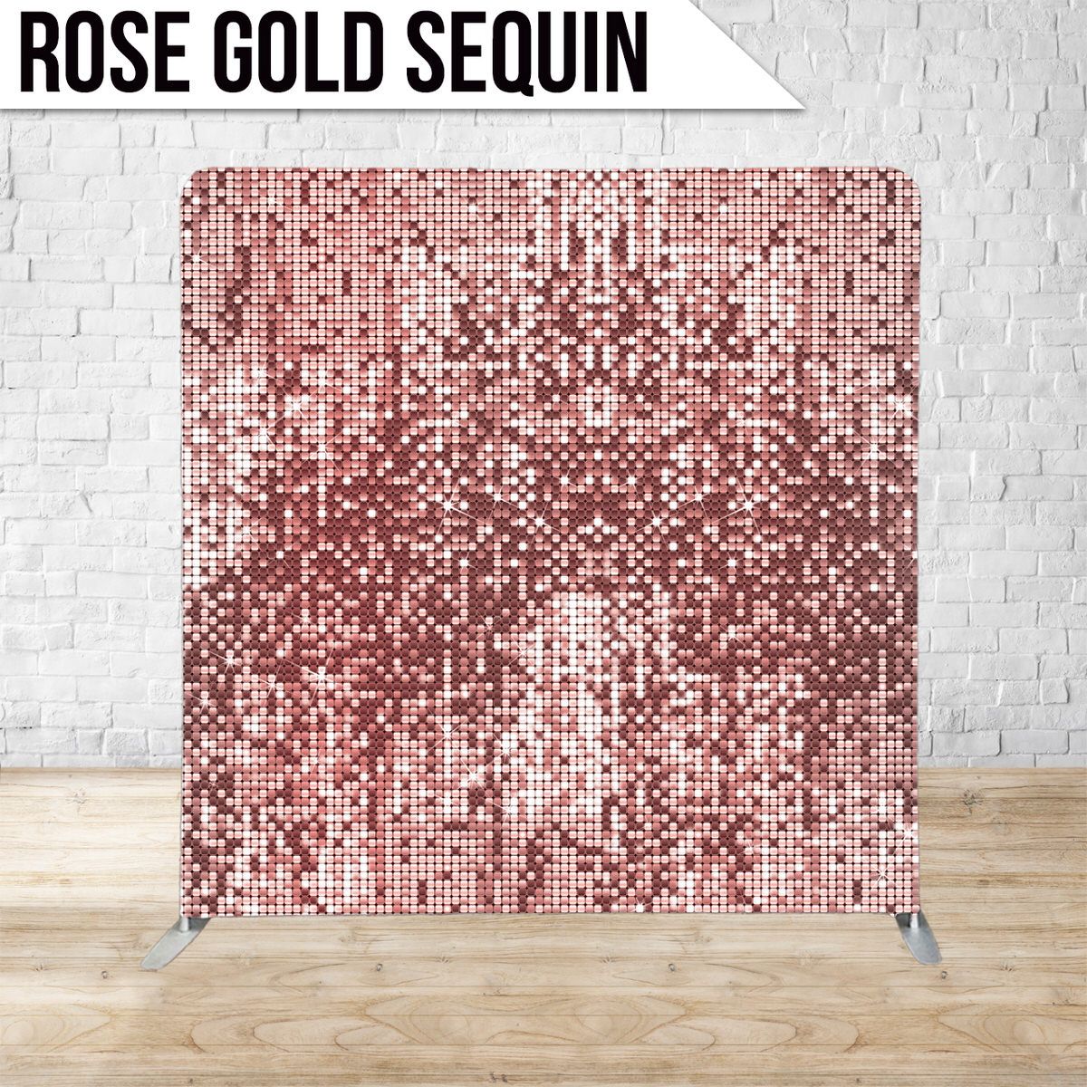 Shimmering rose gold sequin backdrop panel with scattered metallic pattern creates a glamorous photo background.