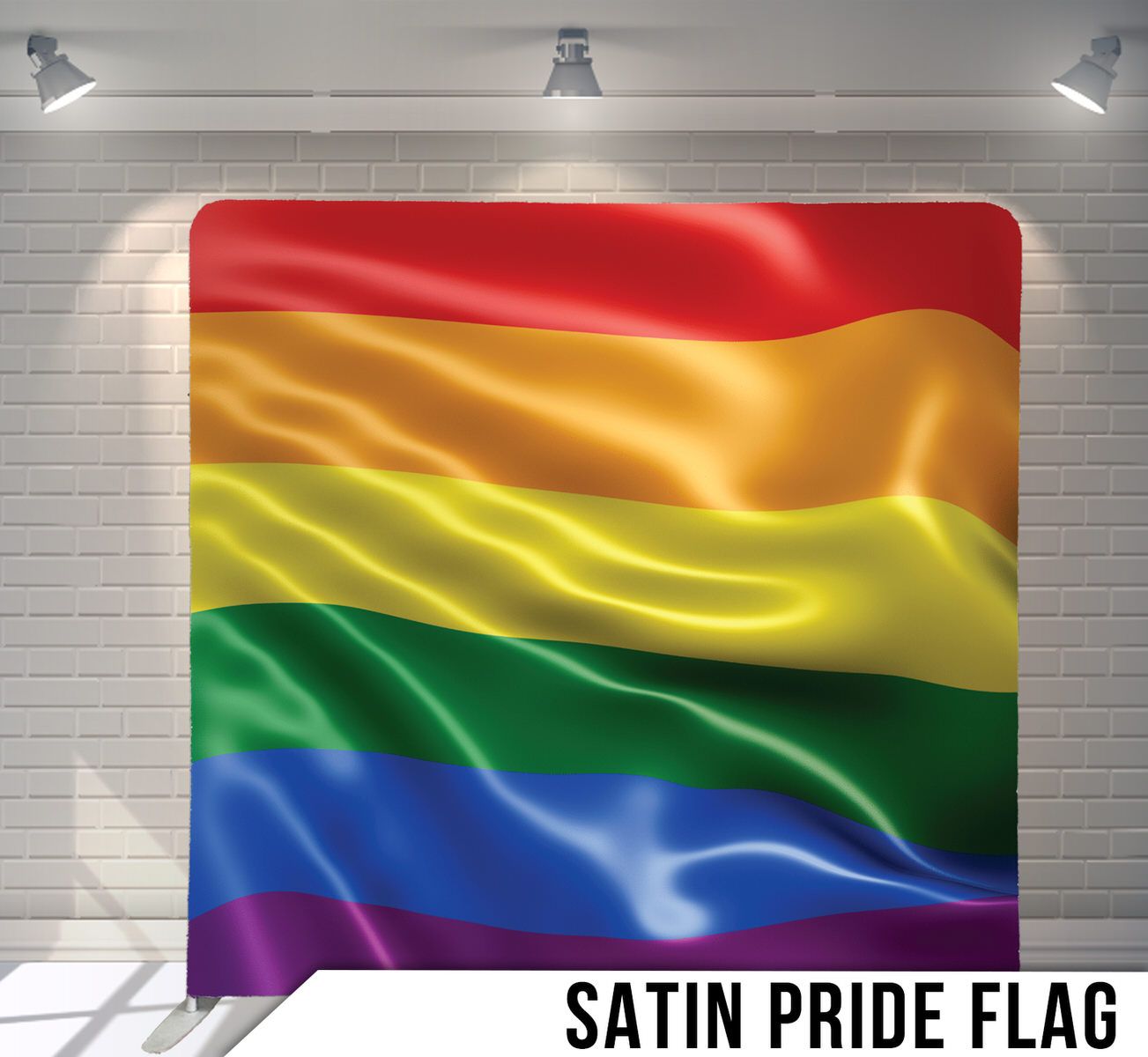 Rainbow pride flag with satin fabric effect displaying vibrant horizontal stripes.