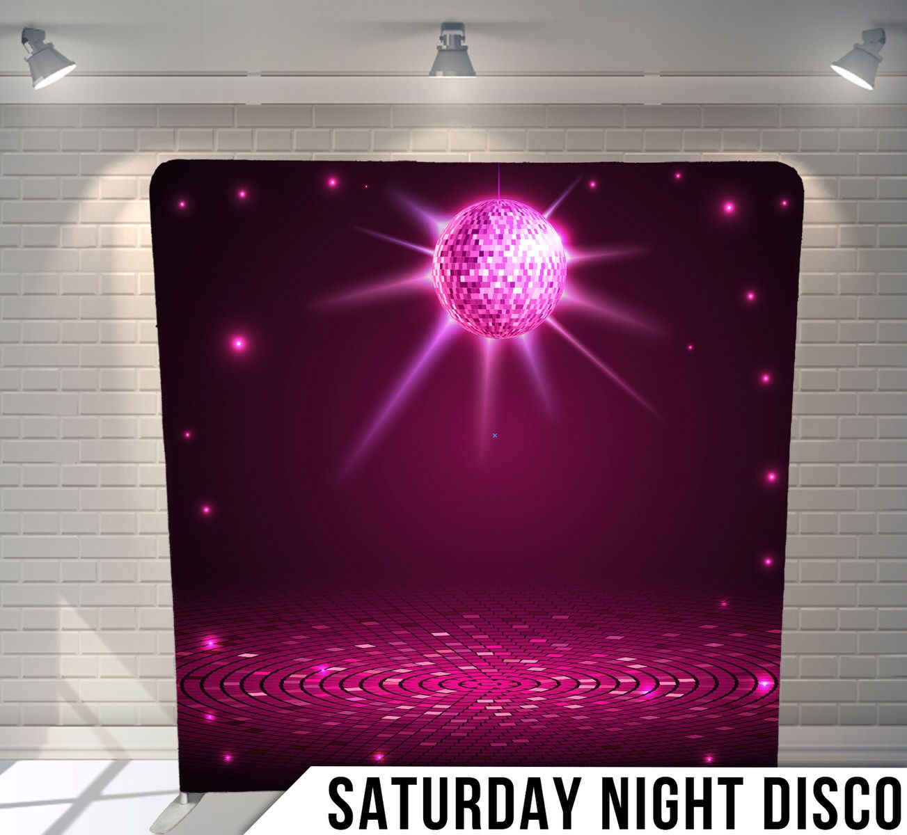 Purple disco ball emitting bright rays against a dark backdrop with reflective floor.