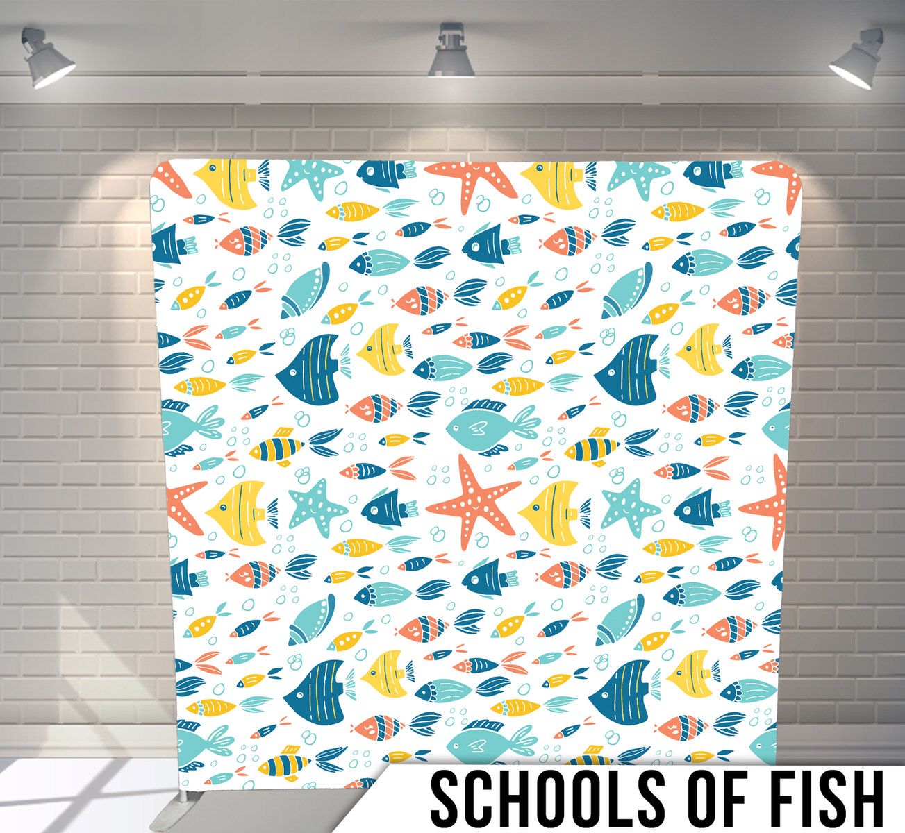 Repeating pattern of colorful tropical fish and starfish on white background.