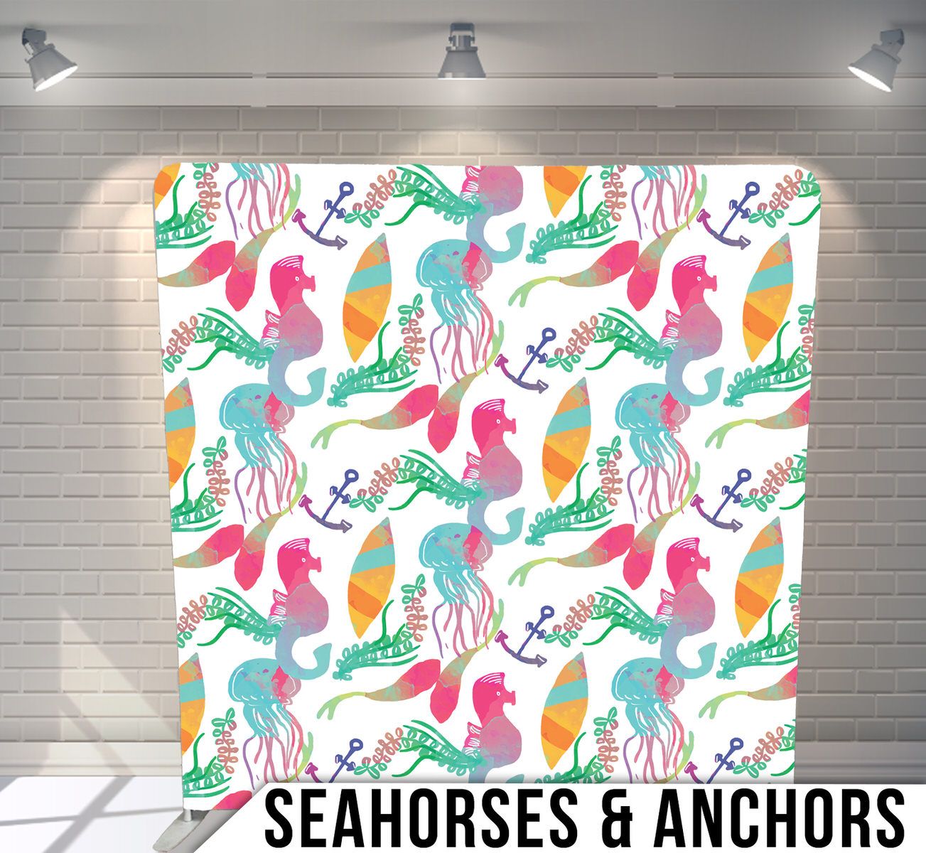 Whimsical pattern of pink and turquoise seahorses with anchors and seaweed on white background.