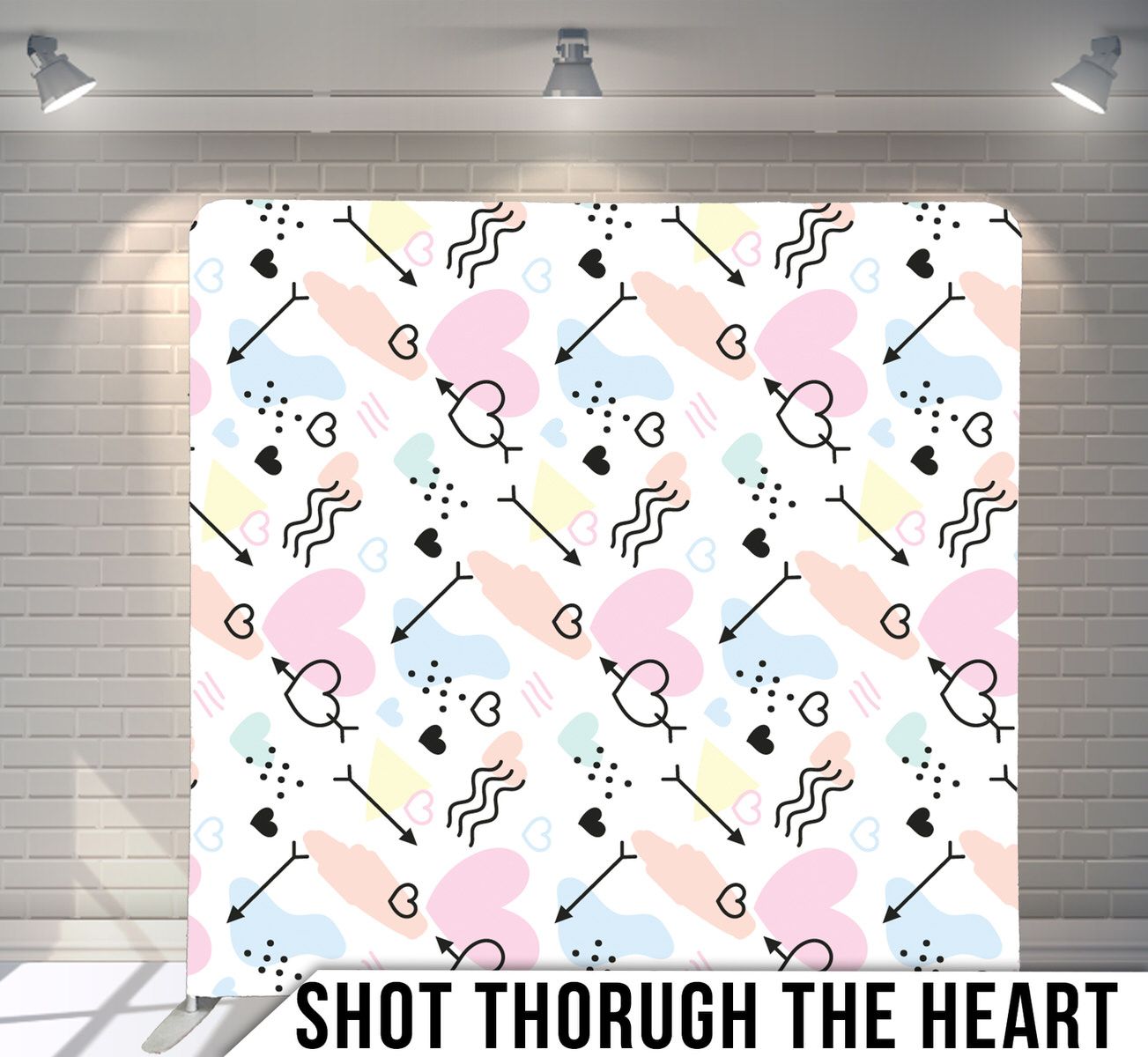 Playful pattern with pink hearts, geometric shapes, and arrows on white background.