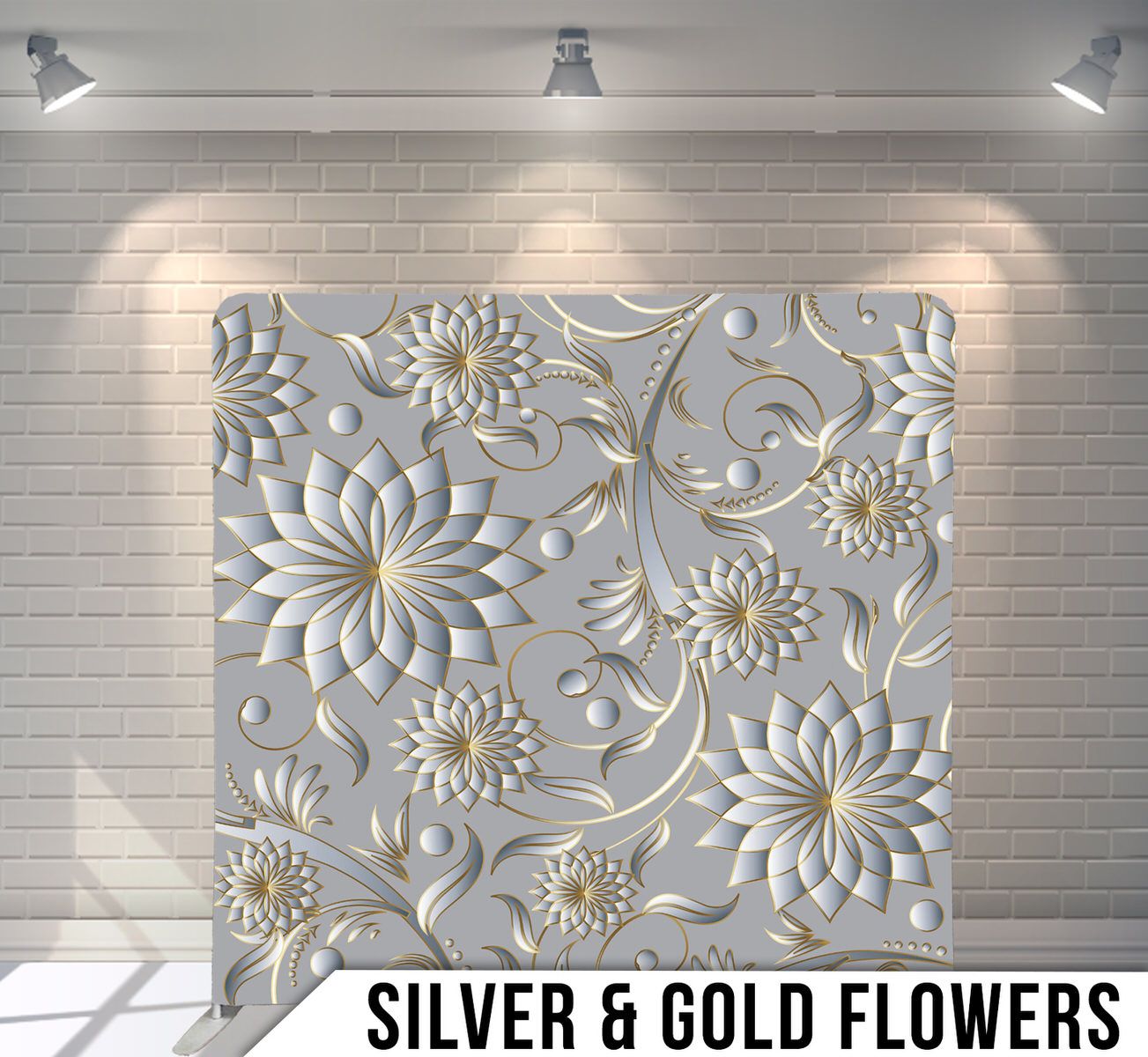 Elegant 3D floral pattern with silver and gold chrysanthemum designs on light gray background.