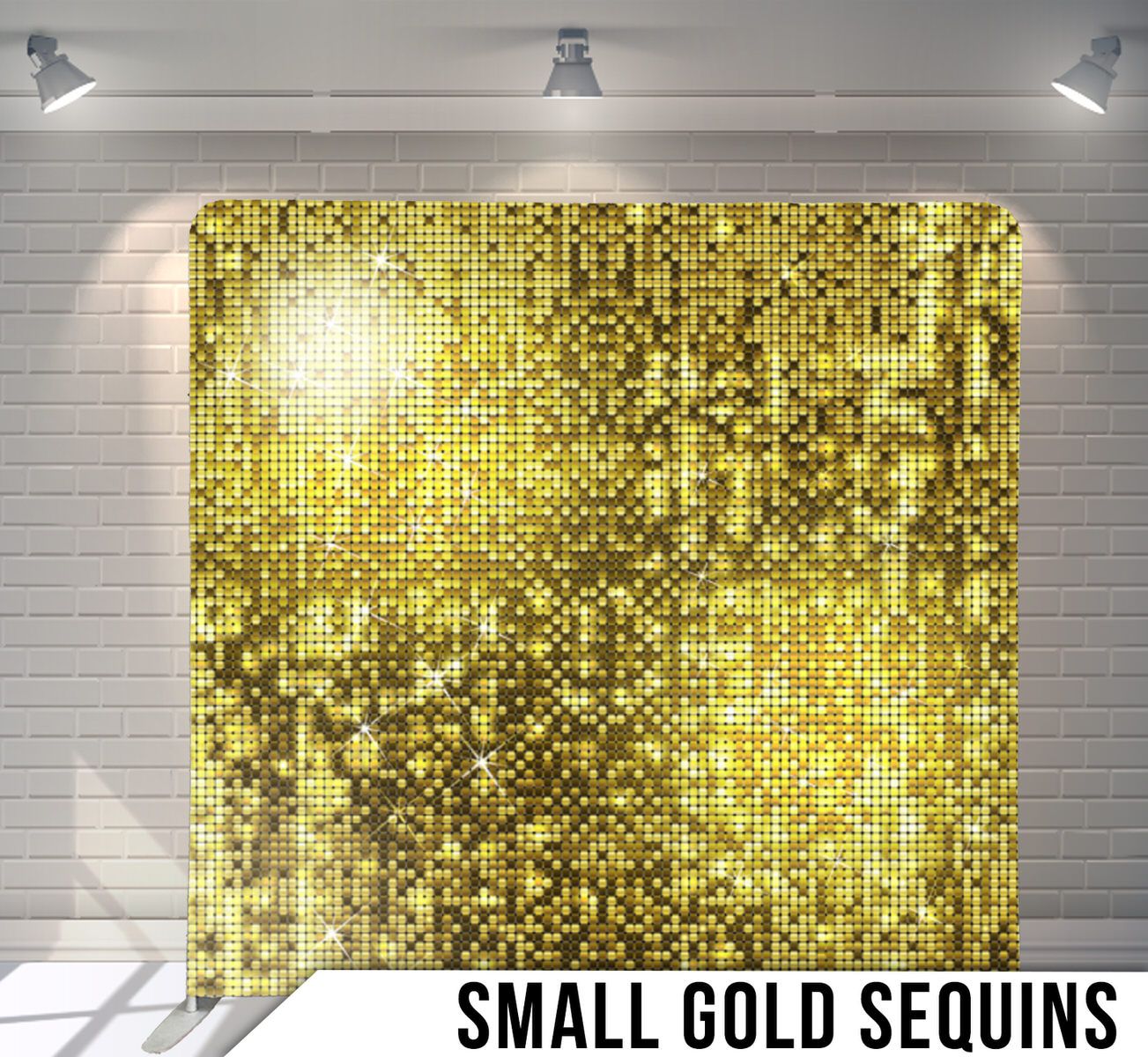 Gold sequined mosaic backdrop with shimmering pattern under studio lighting.