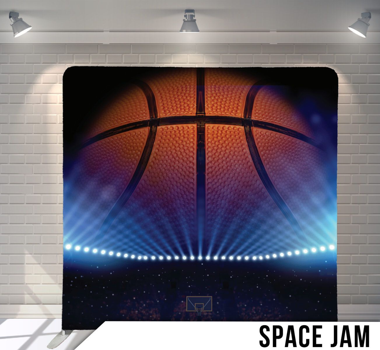 Basketball silhouetted against dramatic blue stadium lights in space-themed sports background.