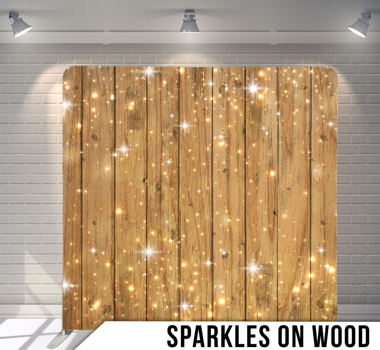 Rustic wooden planks backdrop with glowing golden sparkle overlay effect.