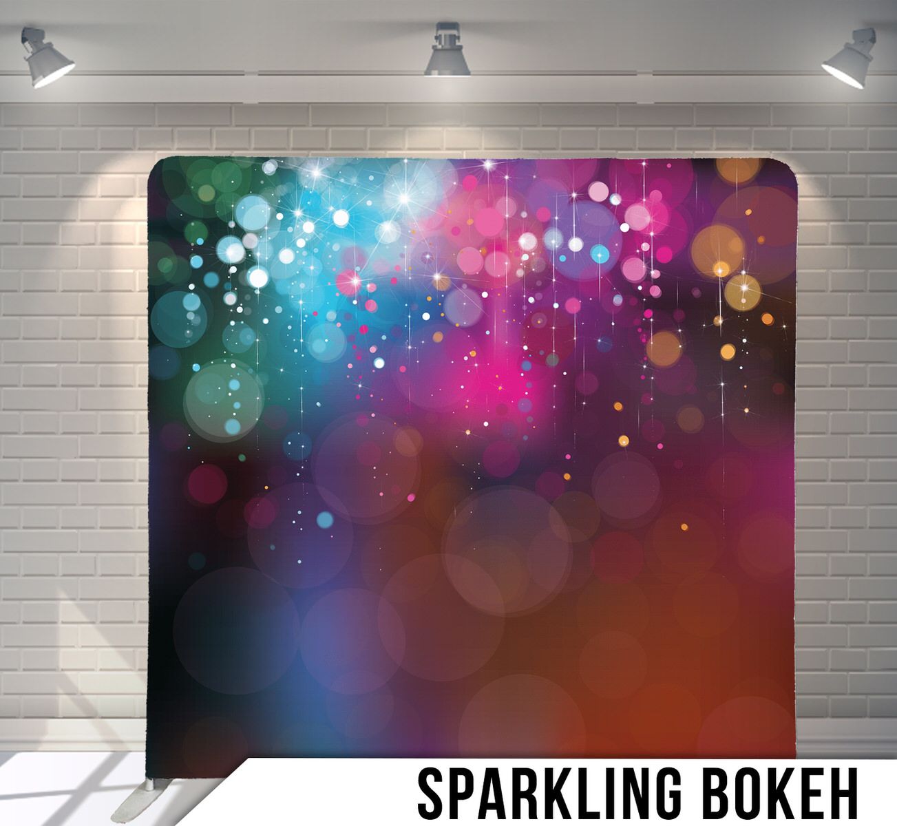 Abstract bokeh background with vibrant rainbow colors and floating light particles.
