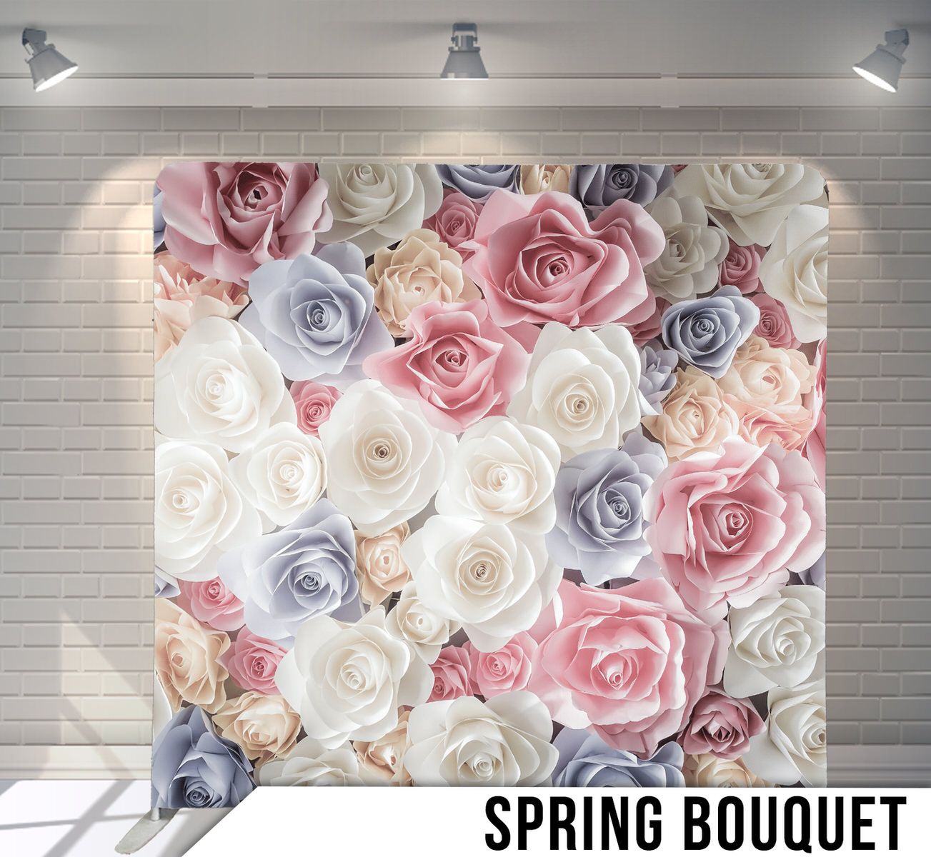 Delicate roses in pink, white and blue creating a romantic floral wall backdrop.
