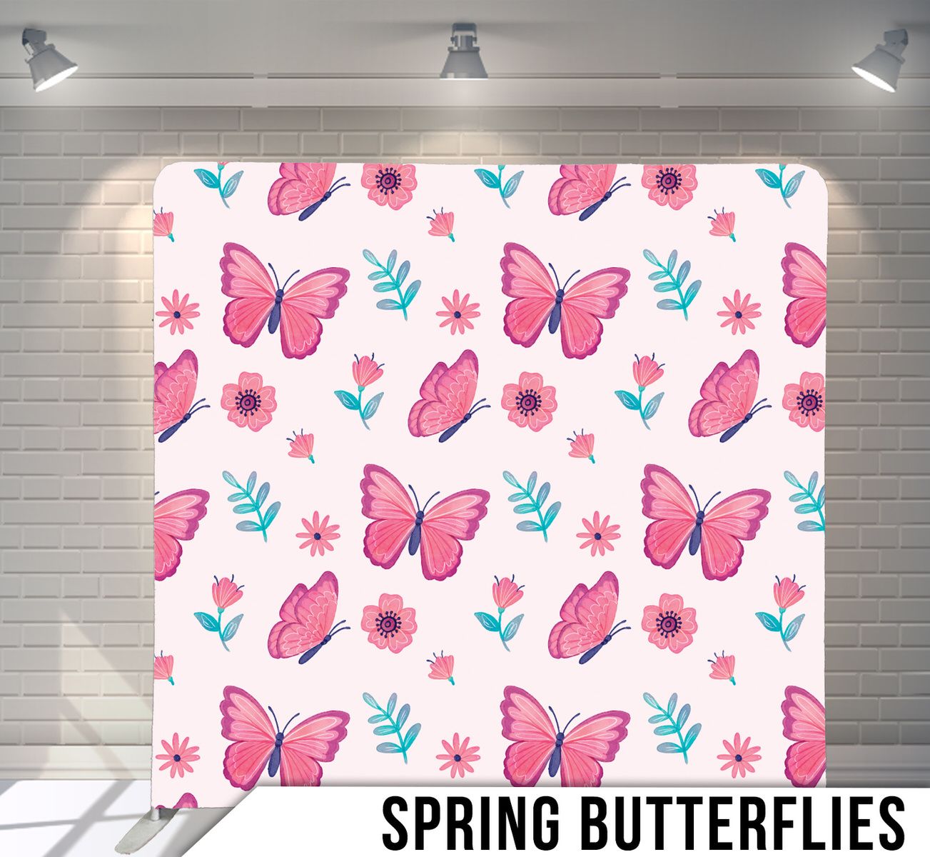 Seamless pattern of pink butterflies and flowers on white background.