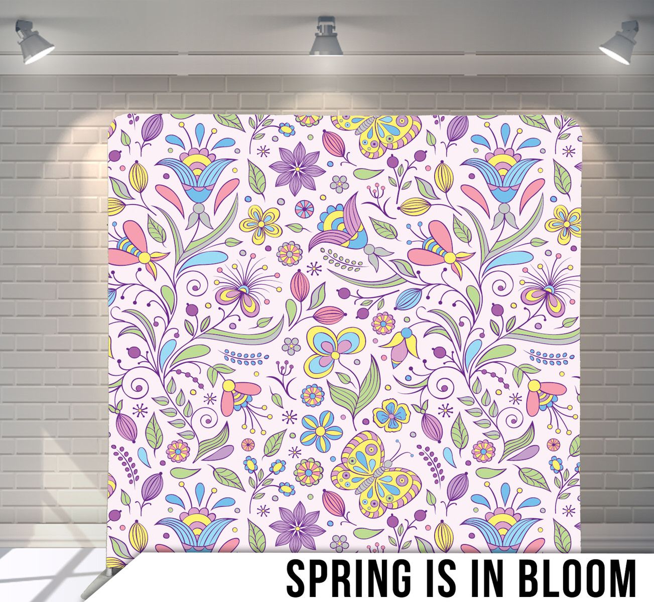 Whimsical spring pattern with butterflies, flowers and swirls in pastel purple and blue.