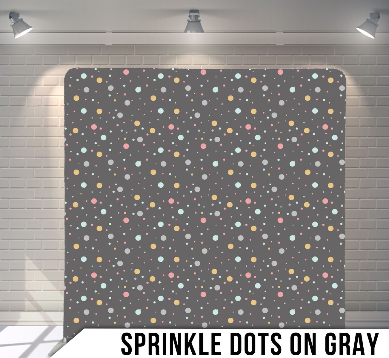 Gray background with colorful confetti-style polka dot pattern.