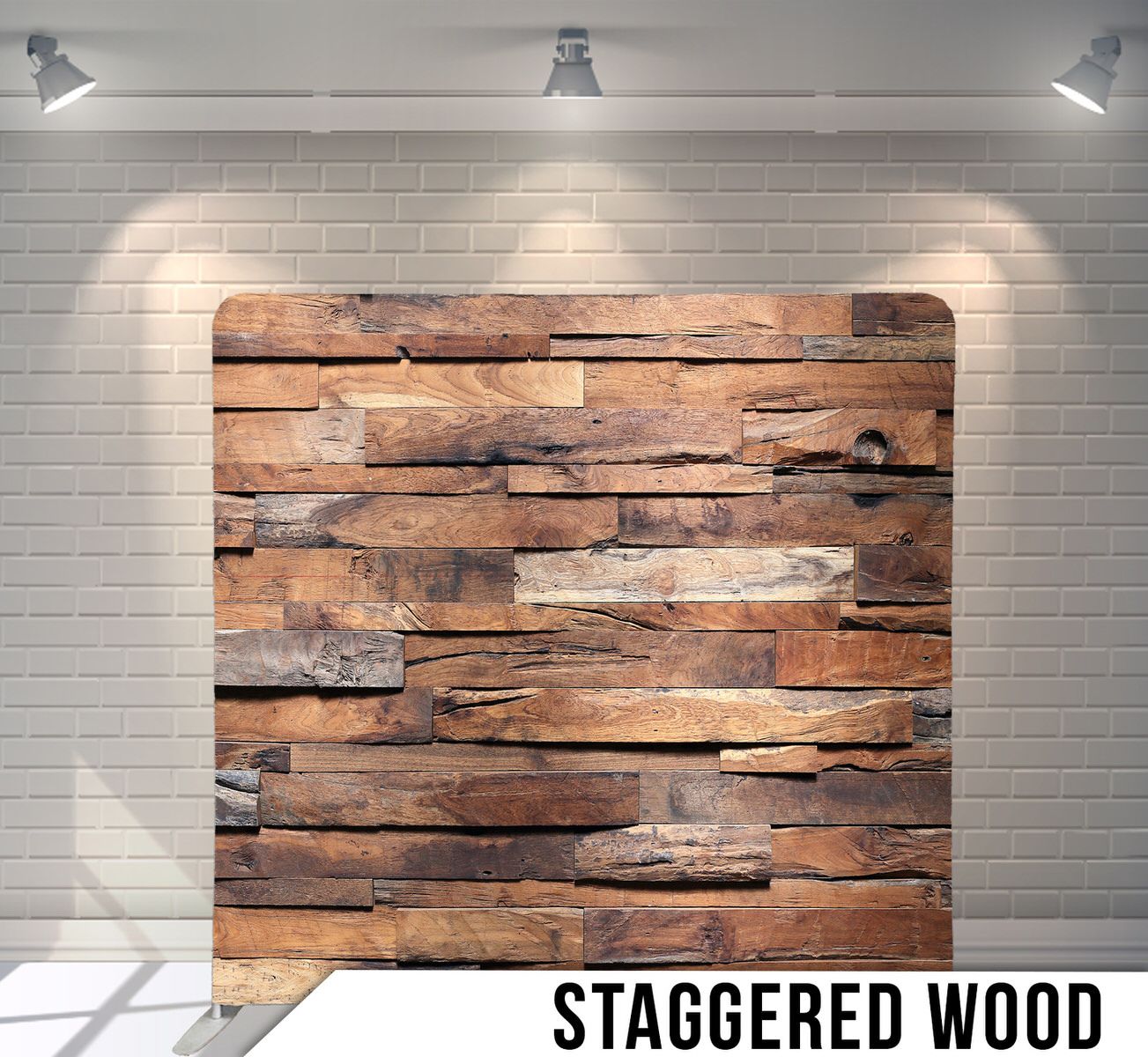 Rustic brown staggered wood planks texture background.
