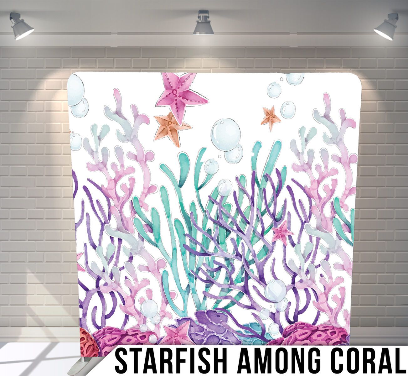 Whimsical underwater scene with colorful starfish and coral in watercolor style against white background.