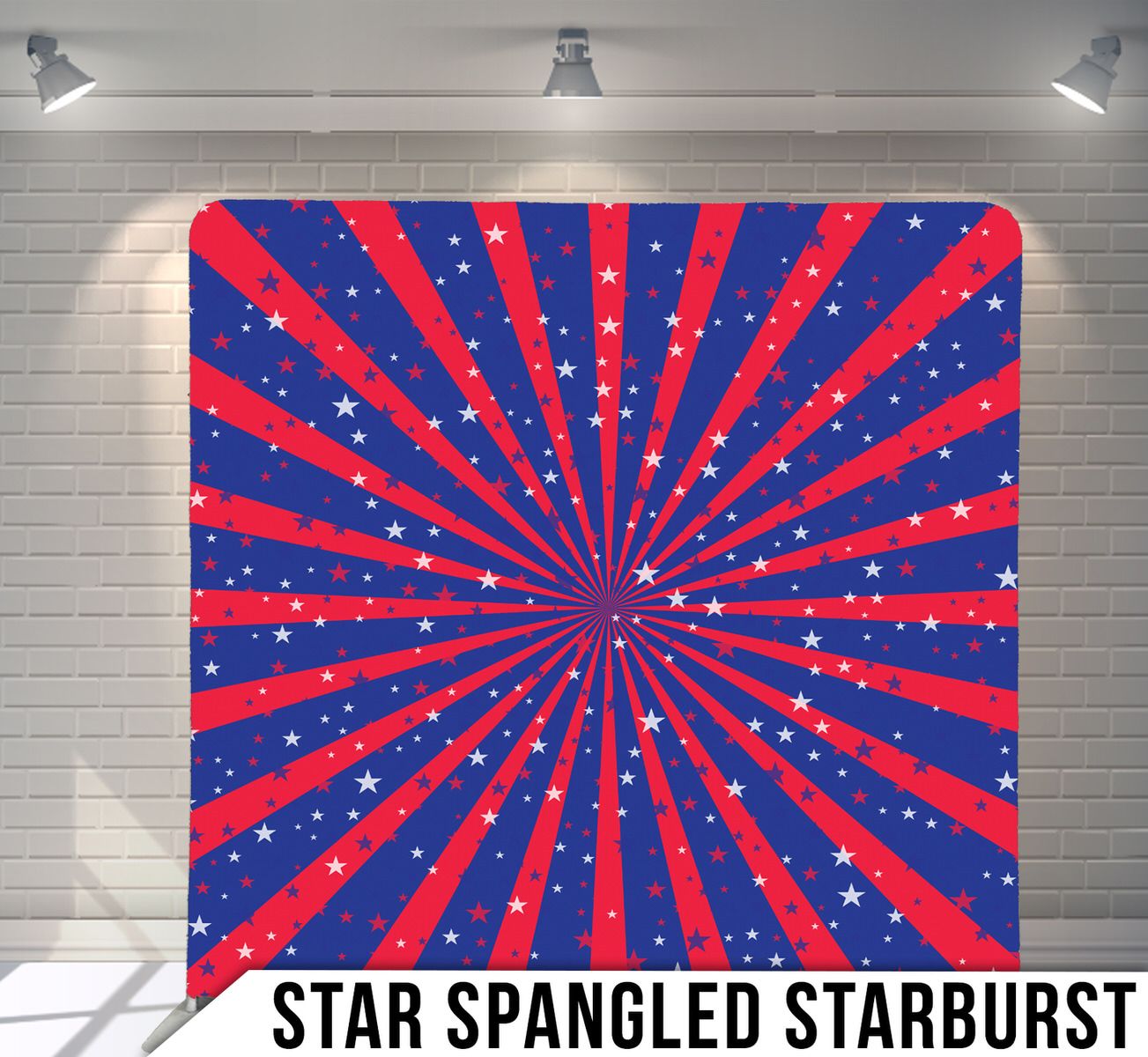 Patriotic red and blue starburst pattern with white stars radiating from center.