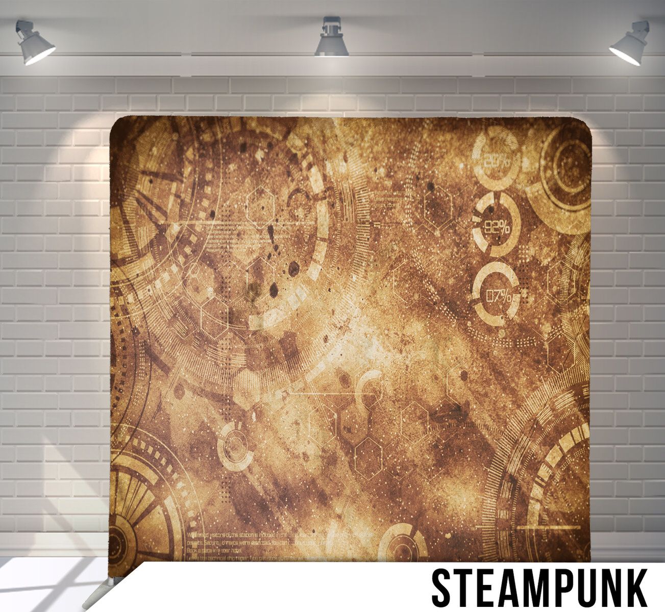 Vintage sepia toned steampunk background with mechanical gears and ornate swirls.