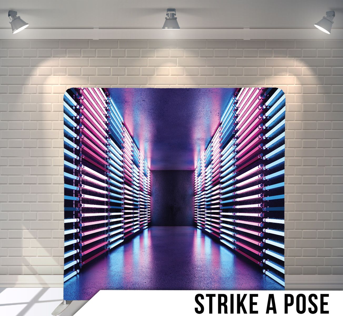 Neon-lit corridor with purple and pink lighting creating a futuristic perspective effect.