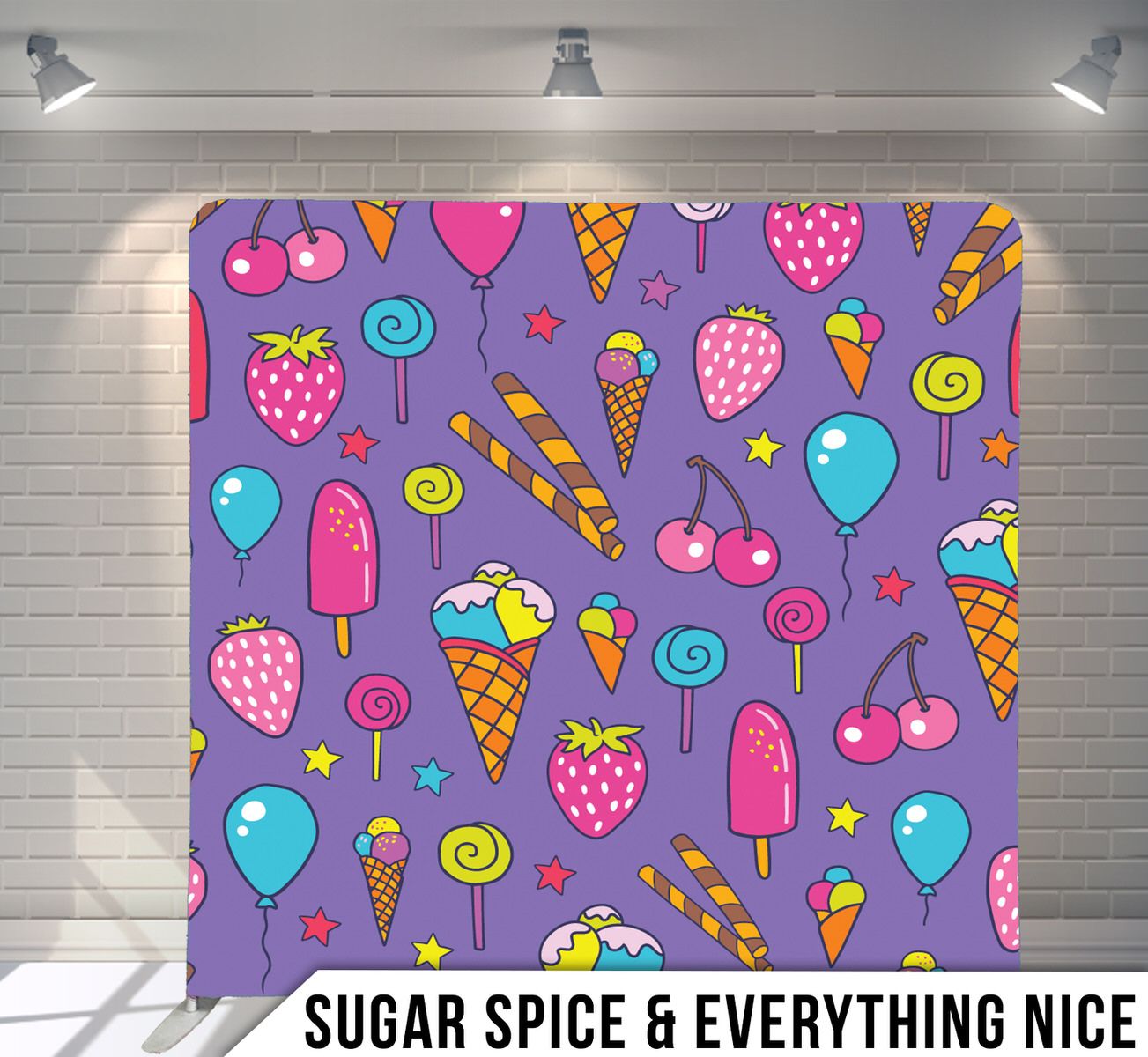Purple background with colorful ice cream, balloons, and candy pattern design.