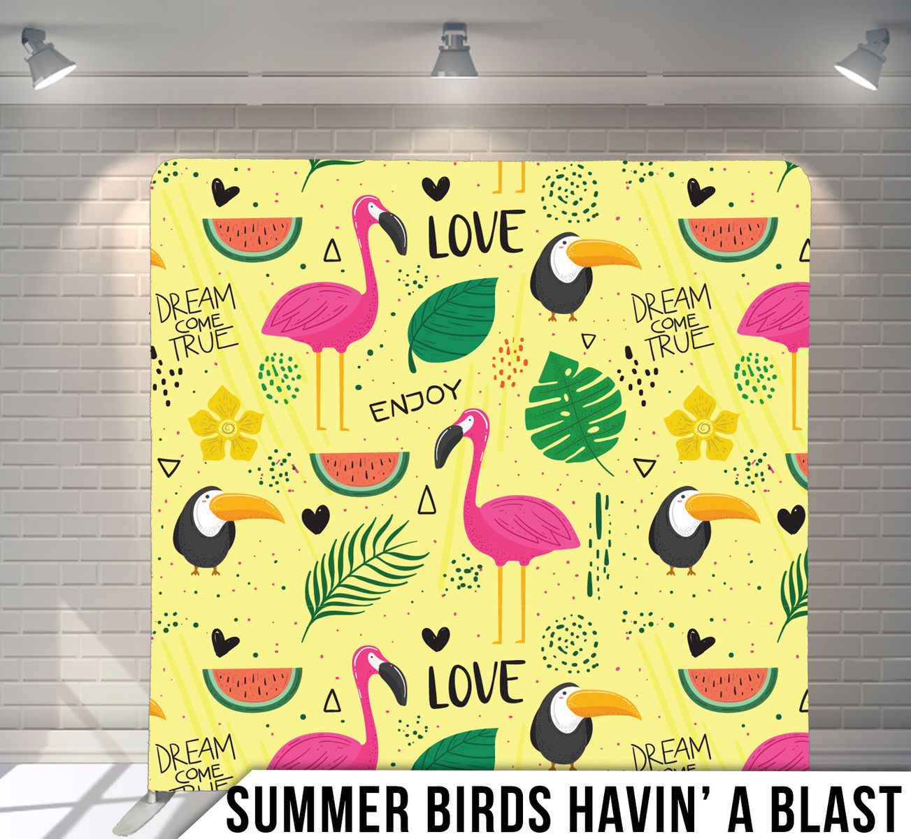 Yellow background with tropical pattern featuring pink flamingos, toucans, watermelon and palm leaves.