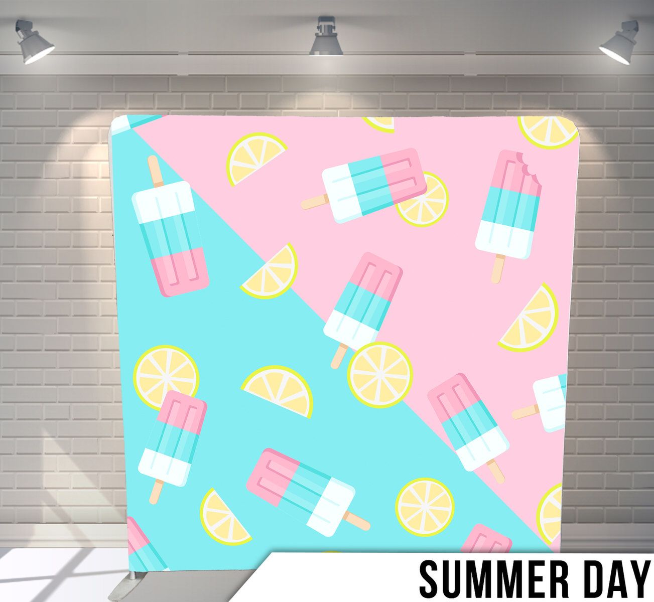 Pastel popsicles and citrus slices scattered on turquoise blue background.