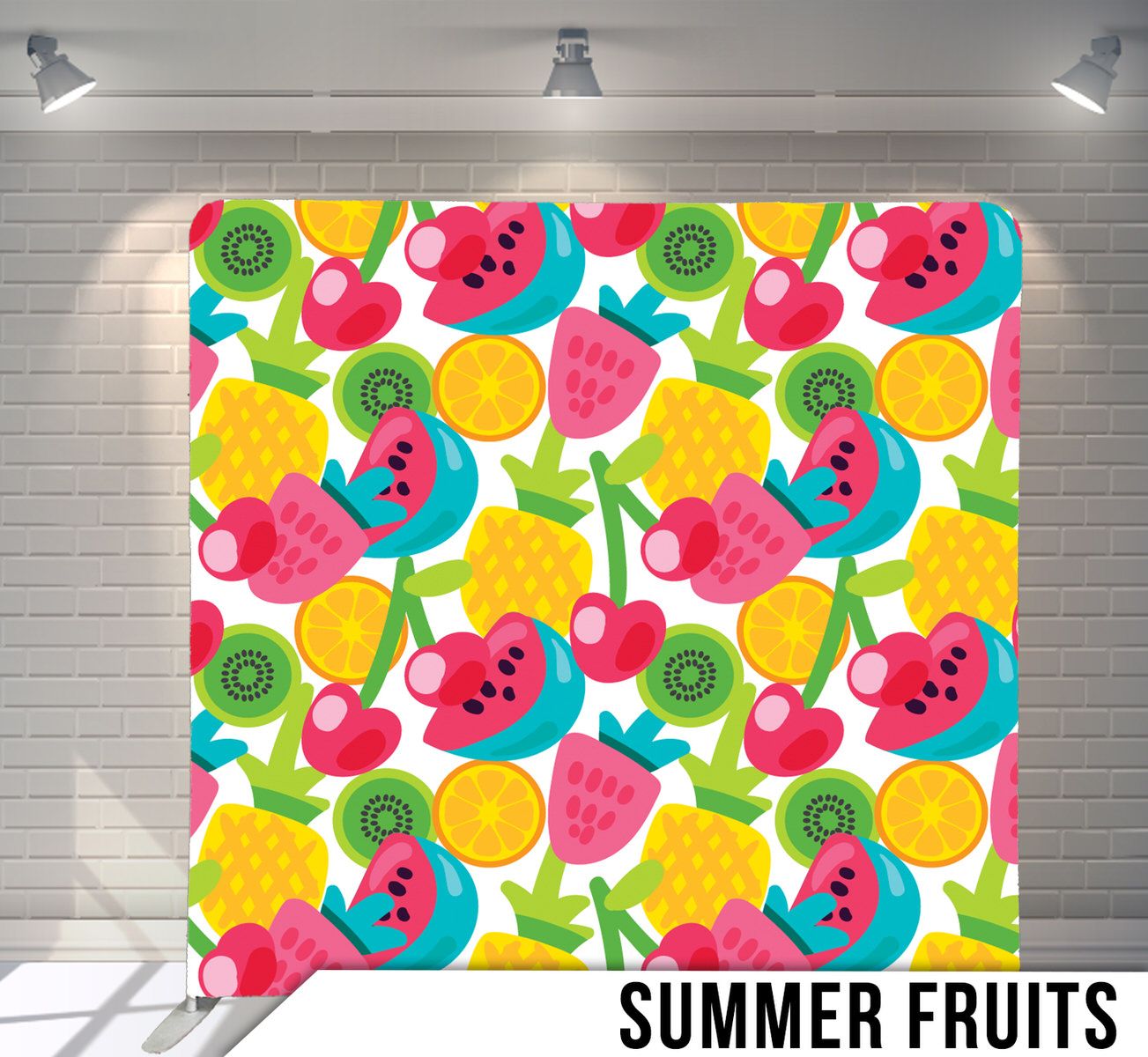 Bright summer fruit pattern with watermelon, pineapple, and strawberries on white background.