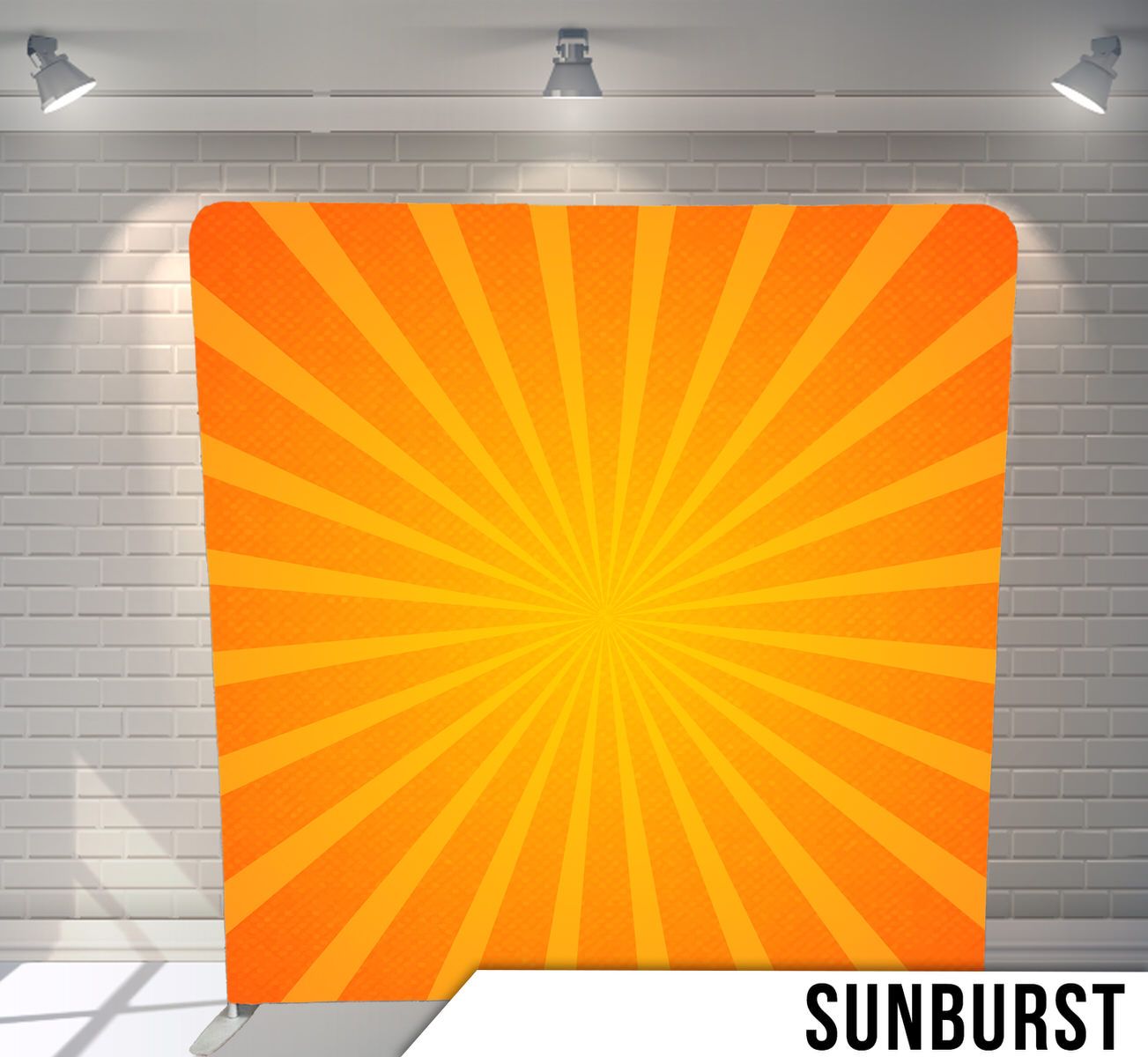 Orange and yellow radial sunburst pattern background.
