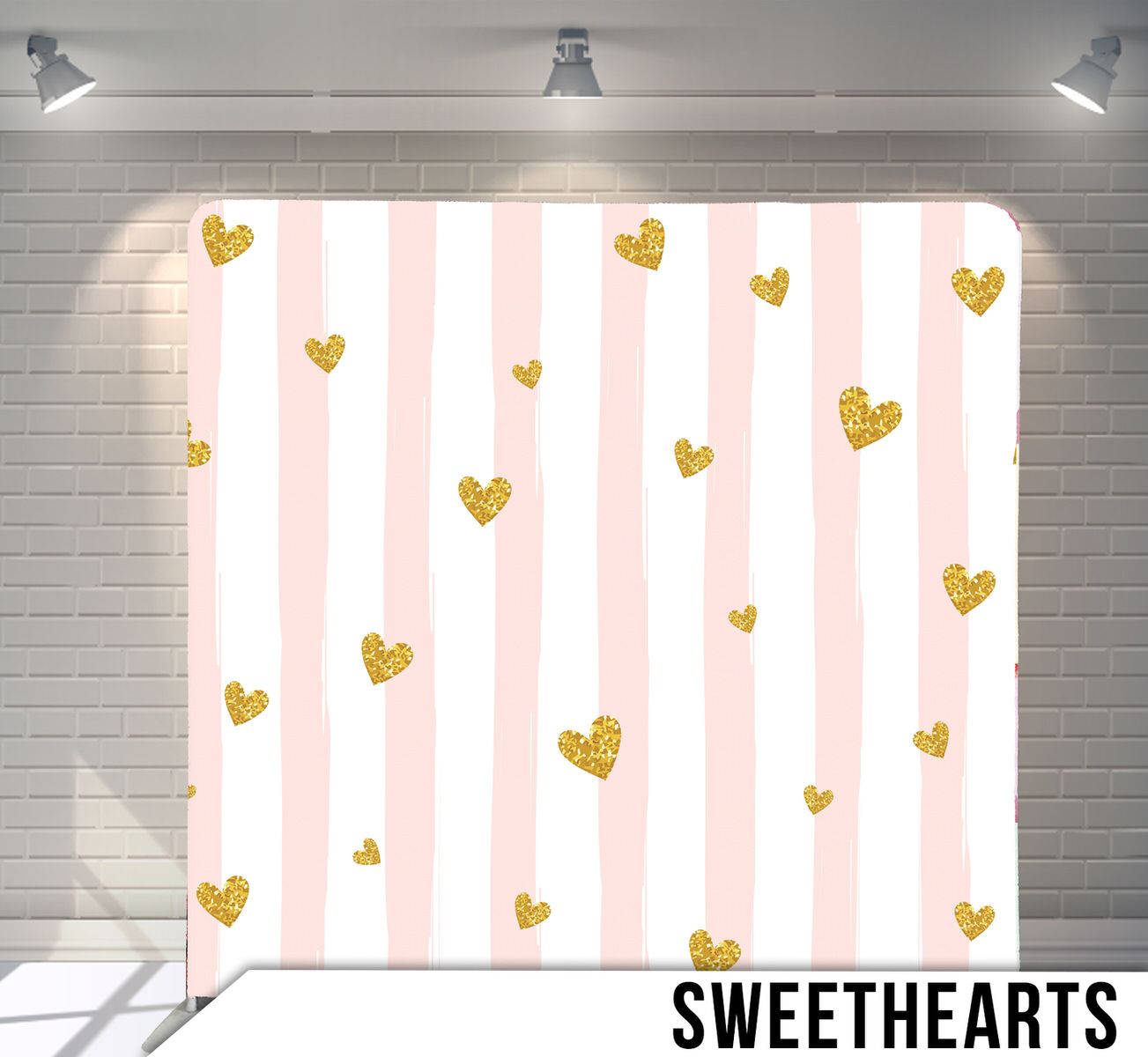 Pink and white striped pattern with scattered golden glitter hearts.