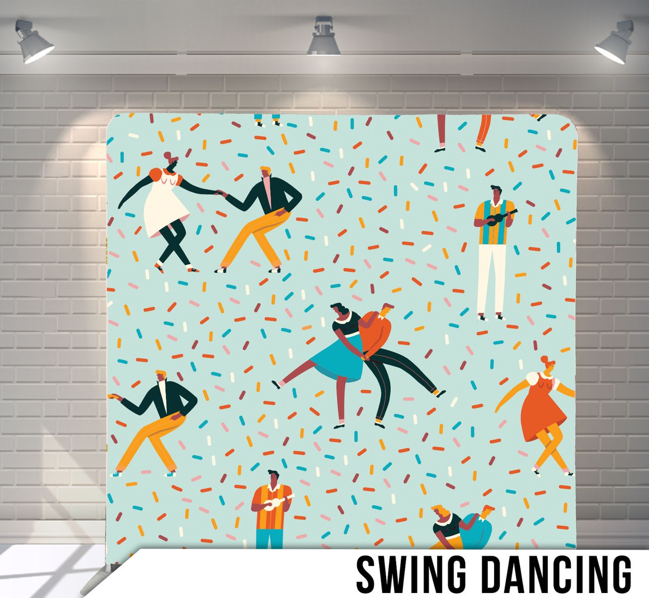 Retro illustration of dancers on light blue background with colorful confetti pattern.