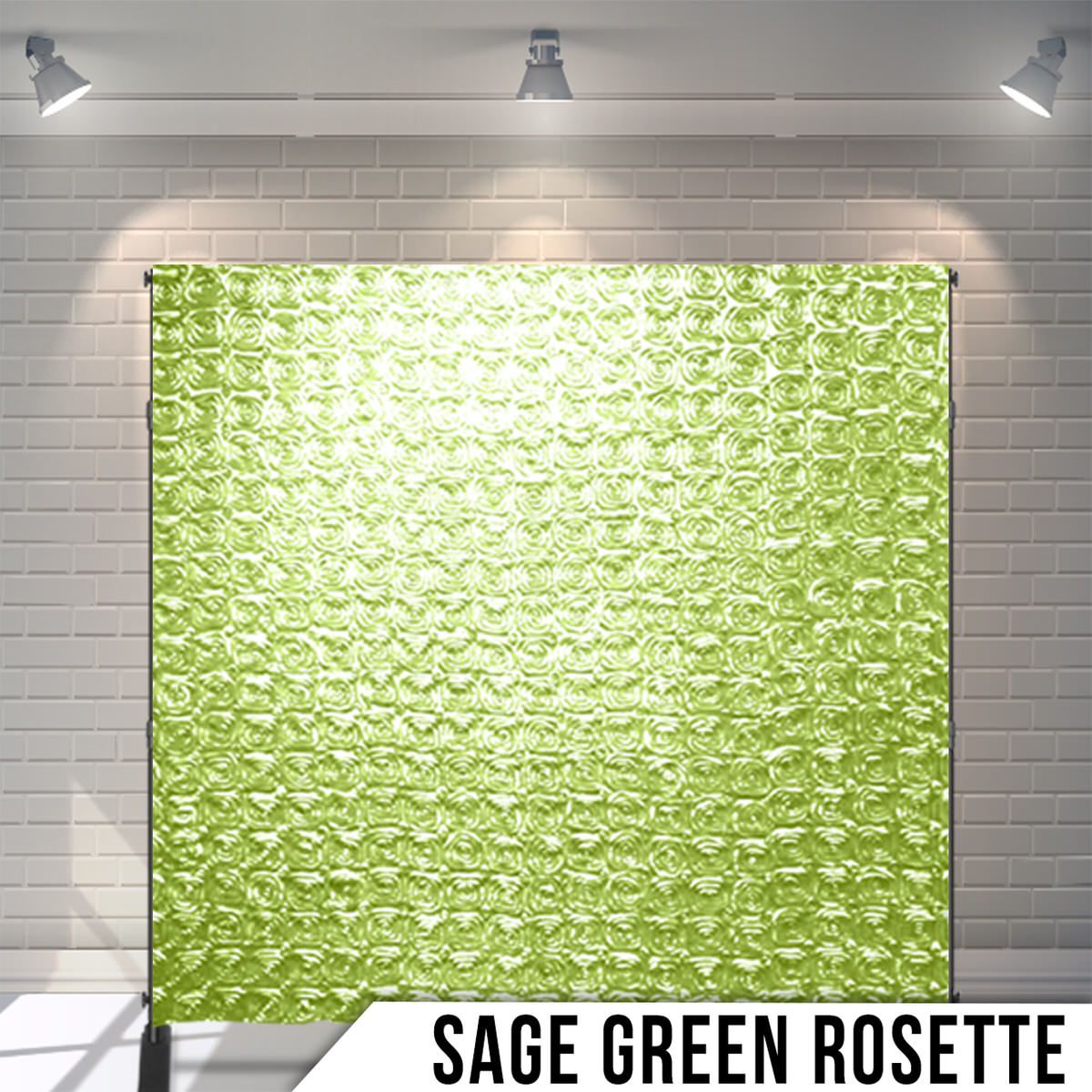 Sage green textured fabric with elegant rosette pattern creating a dimensional backdrop design.