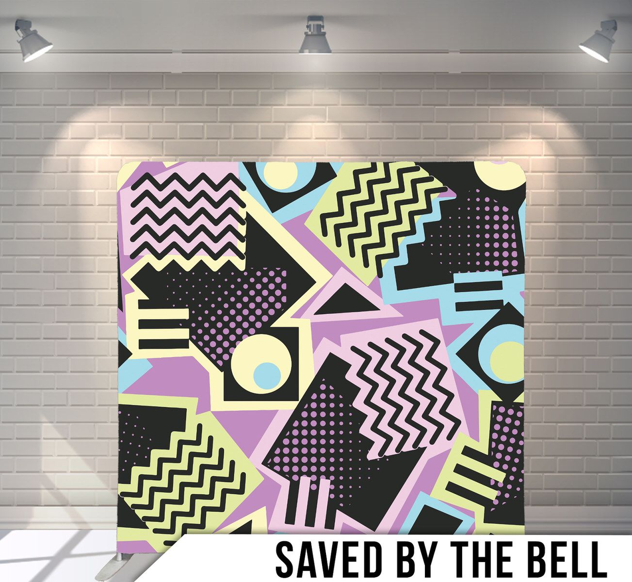 Retro 90s geometric pattern with neon colors, zigzags and shapes on black background.