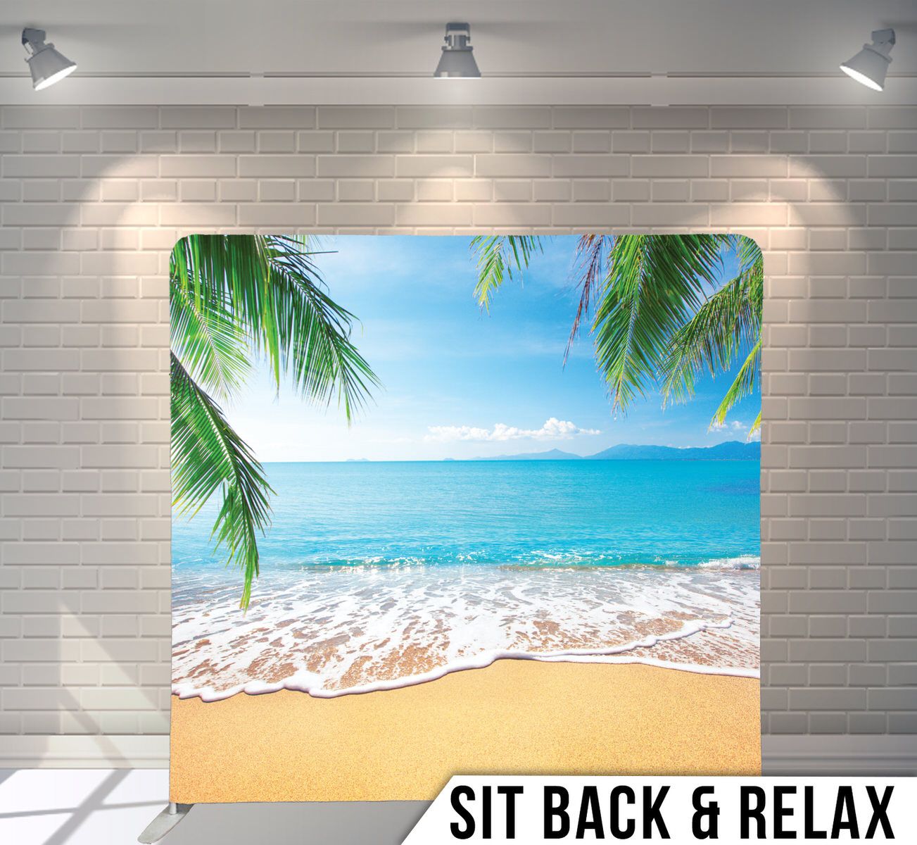 Tropical beach backdrop with palm trees, turquoise ocean waves, and sandy shore.