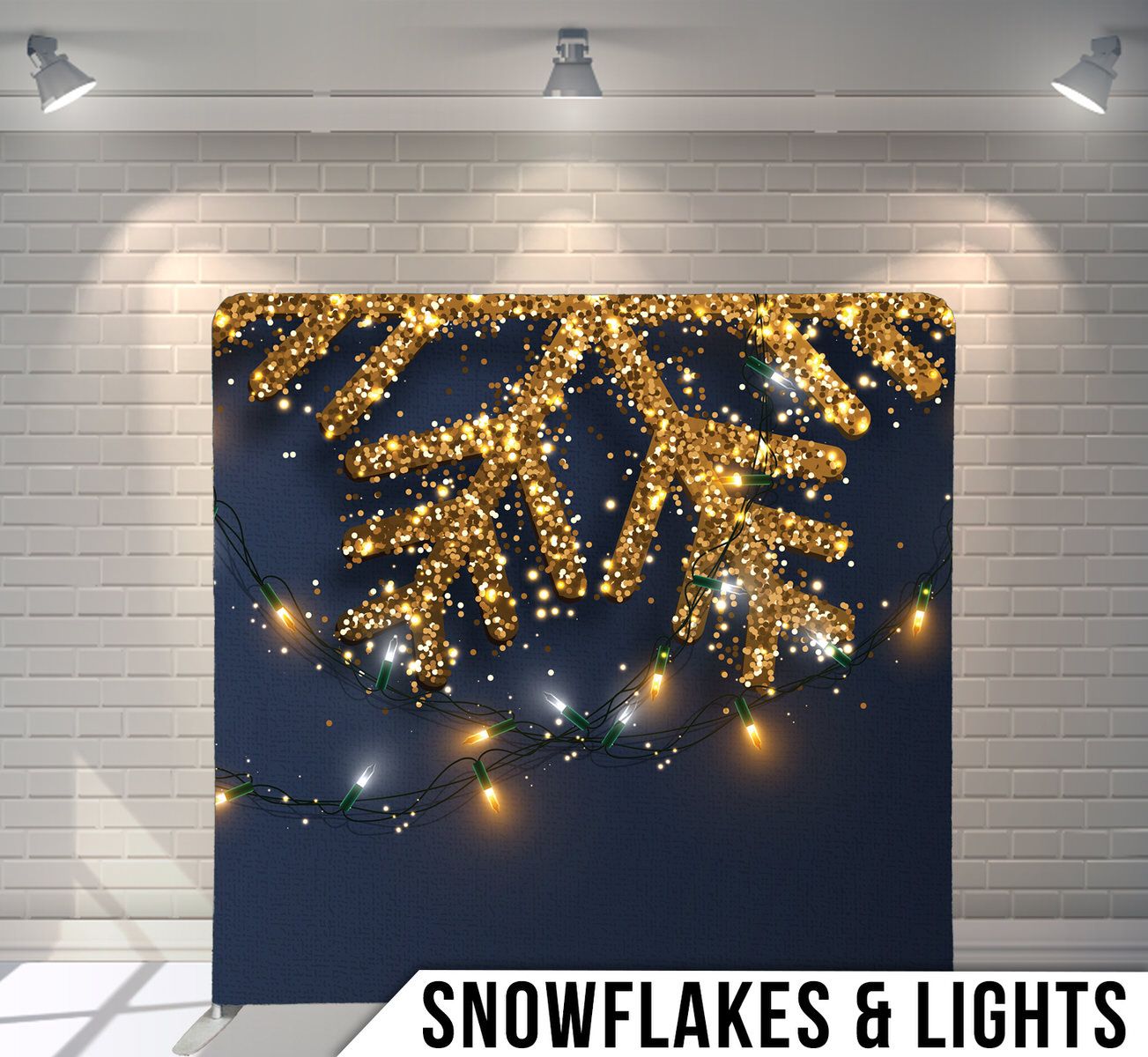 Golden light bokeh with snowflake shapes cascading on dark blue background.