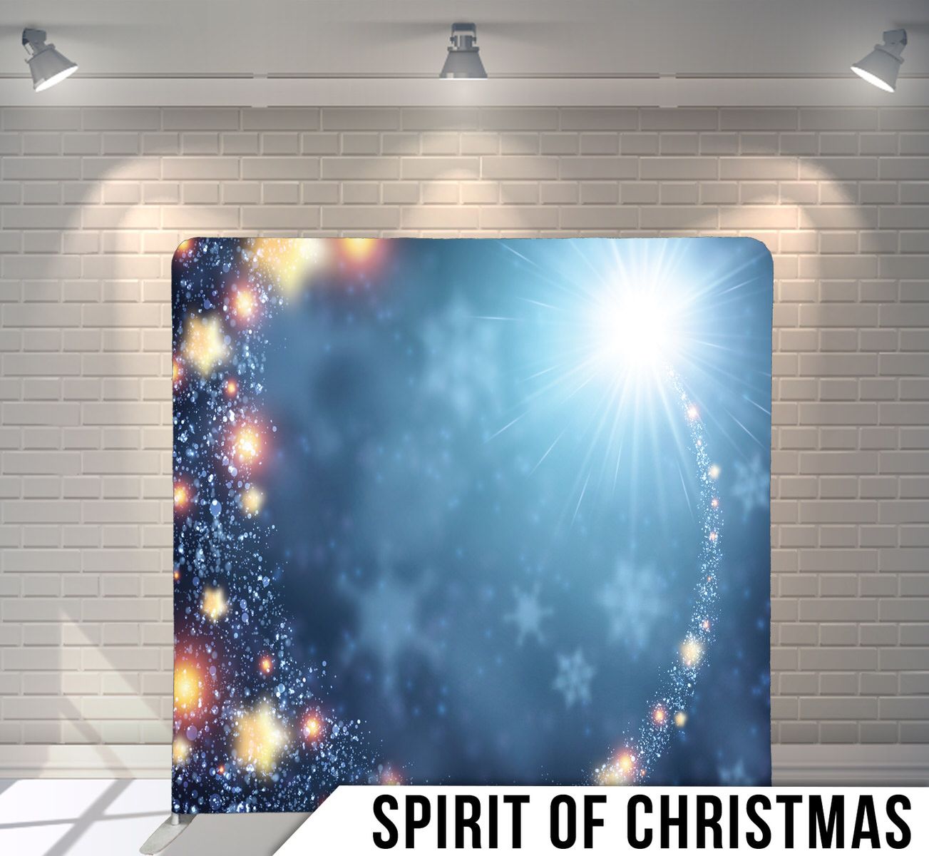 Mystical Christmas background with bright sunburst and magical sparkles against blue sky.