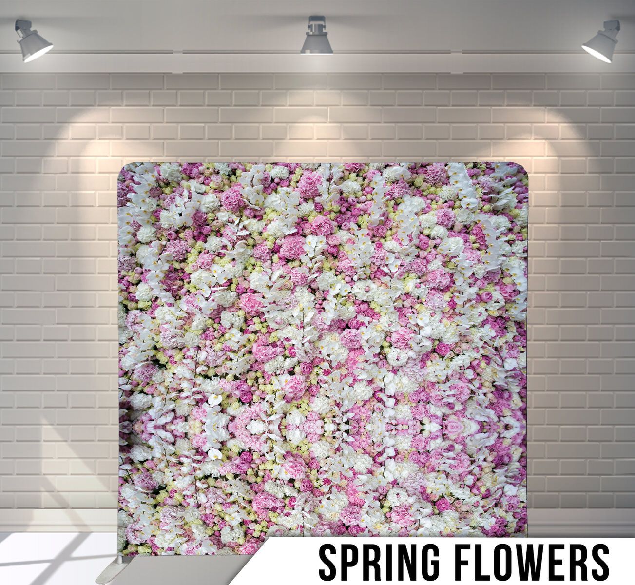 Cherry blossom wall backdrop with dense pink and white flower arrangements.