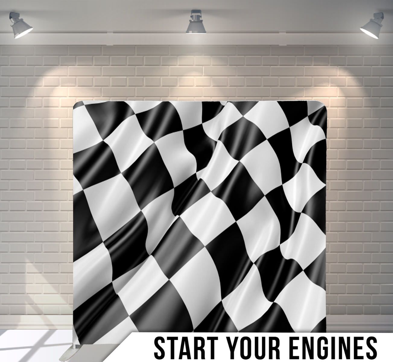 Black and white checkered racing flag pattern with rippled wave effect.