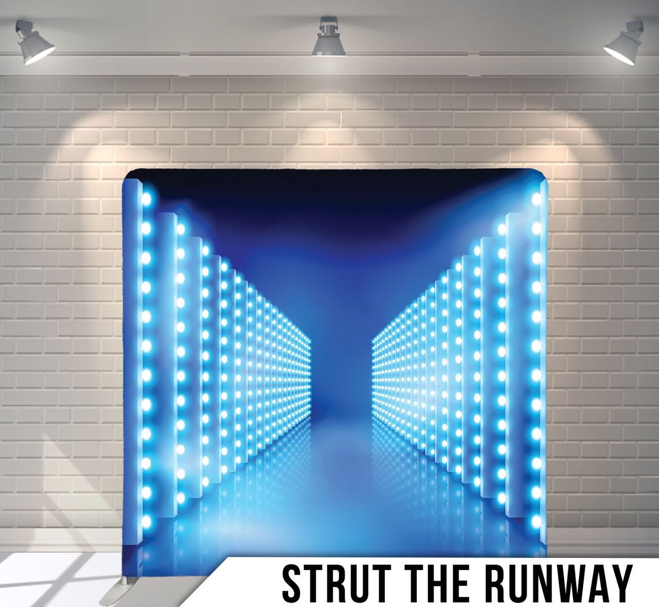Symmetrical blue LED light tunnel creating an illuminated pathway effect.