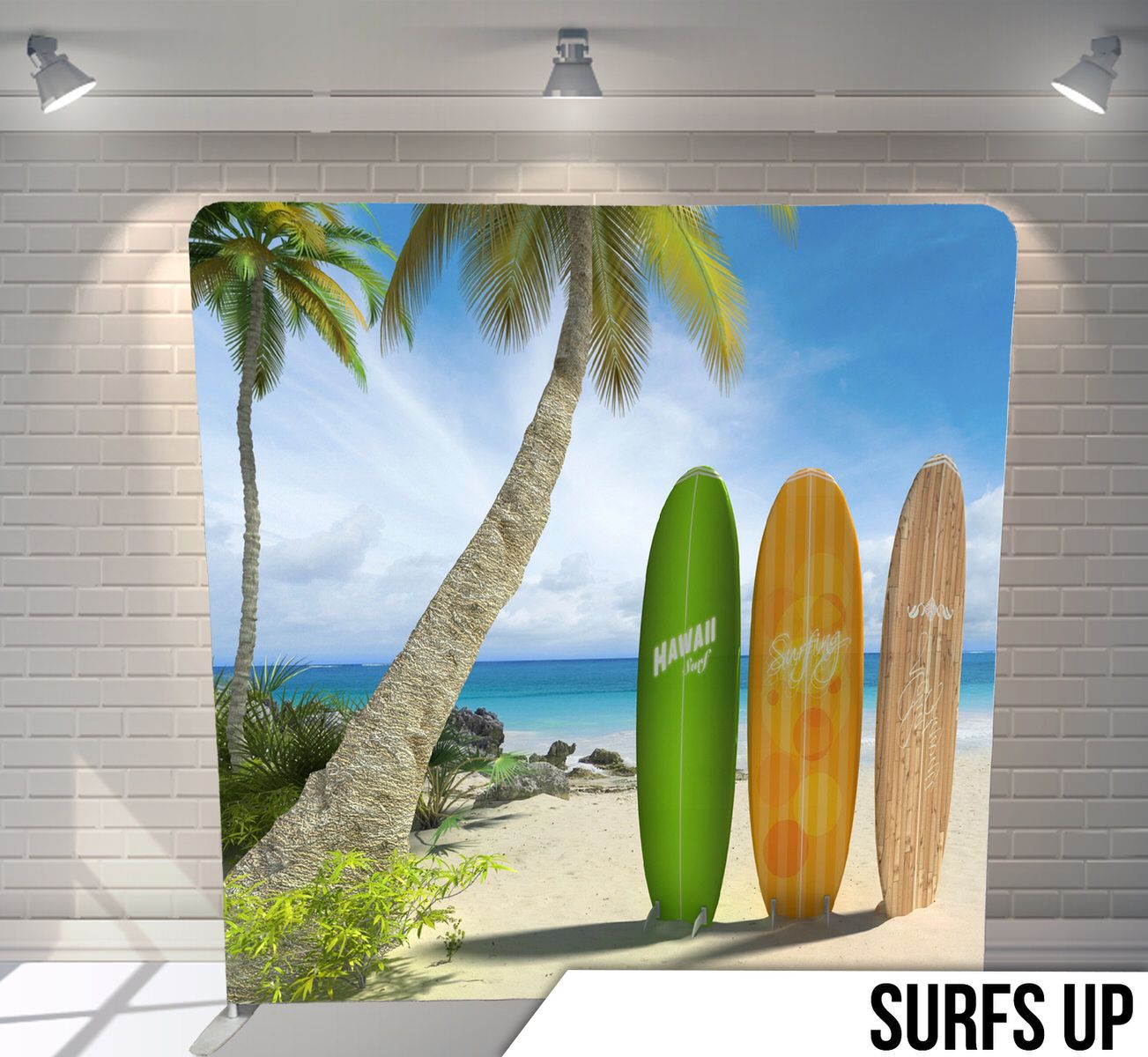 Three colorful surfboards standing upright on tropical beach with palm trees and turquoise ocean.
