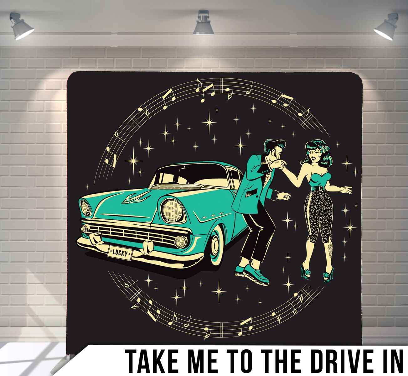 Retro illustration of classic turquoise car and dancers with musical notes on black background.