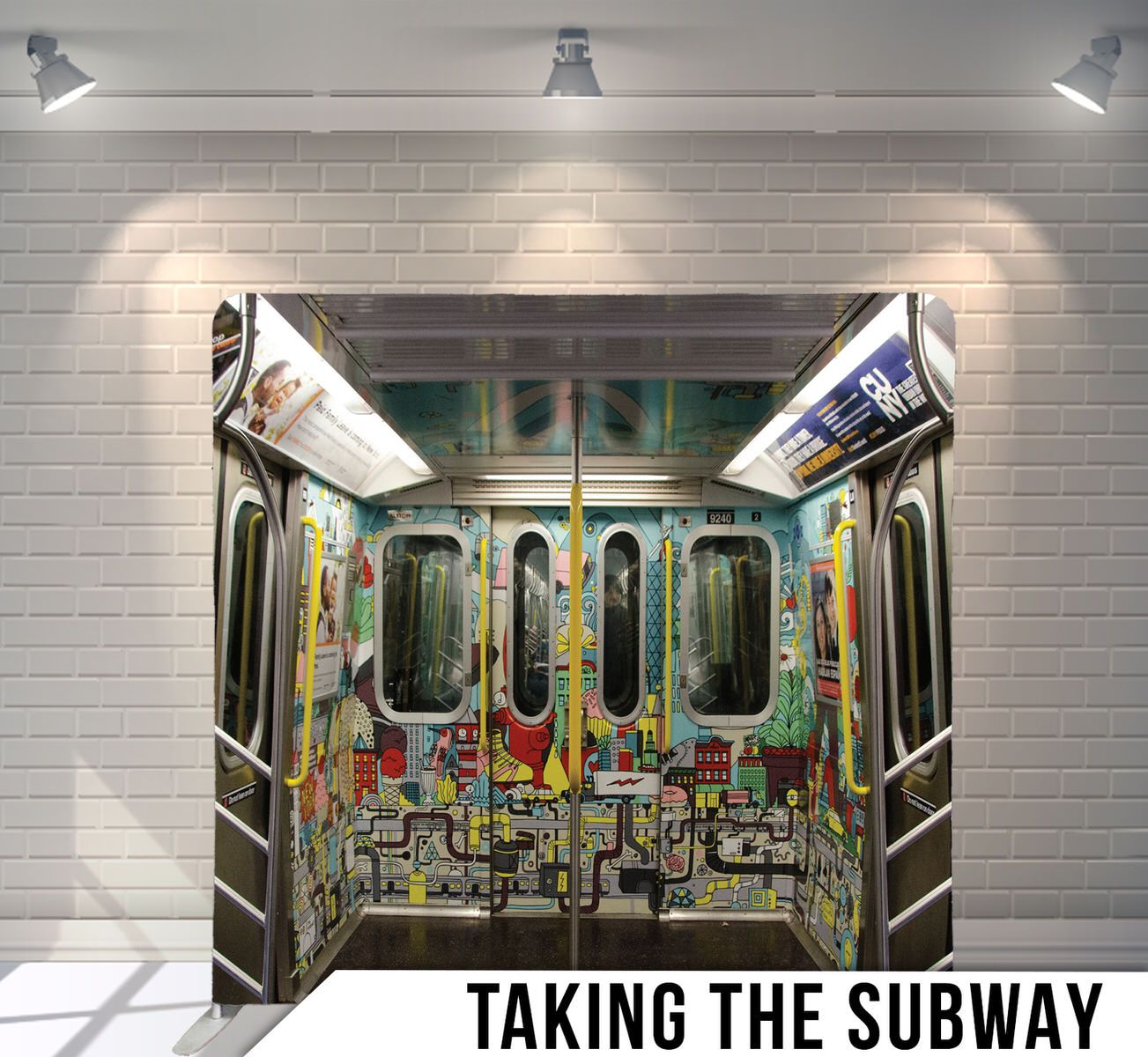 Empty subway car interior with graffiti covered walls and fluorescent lighting.