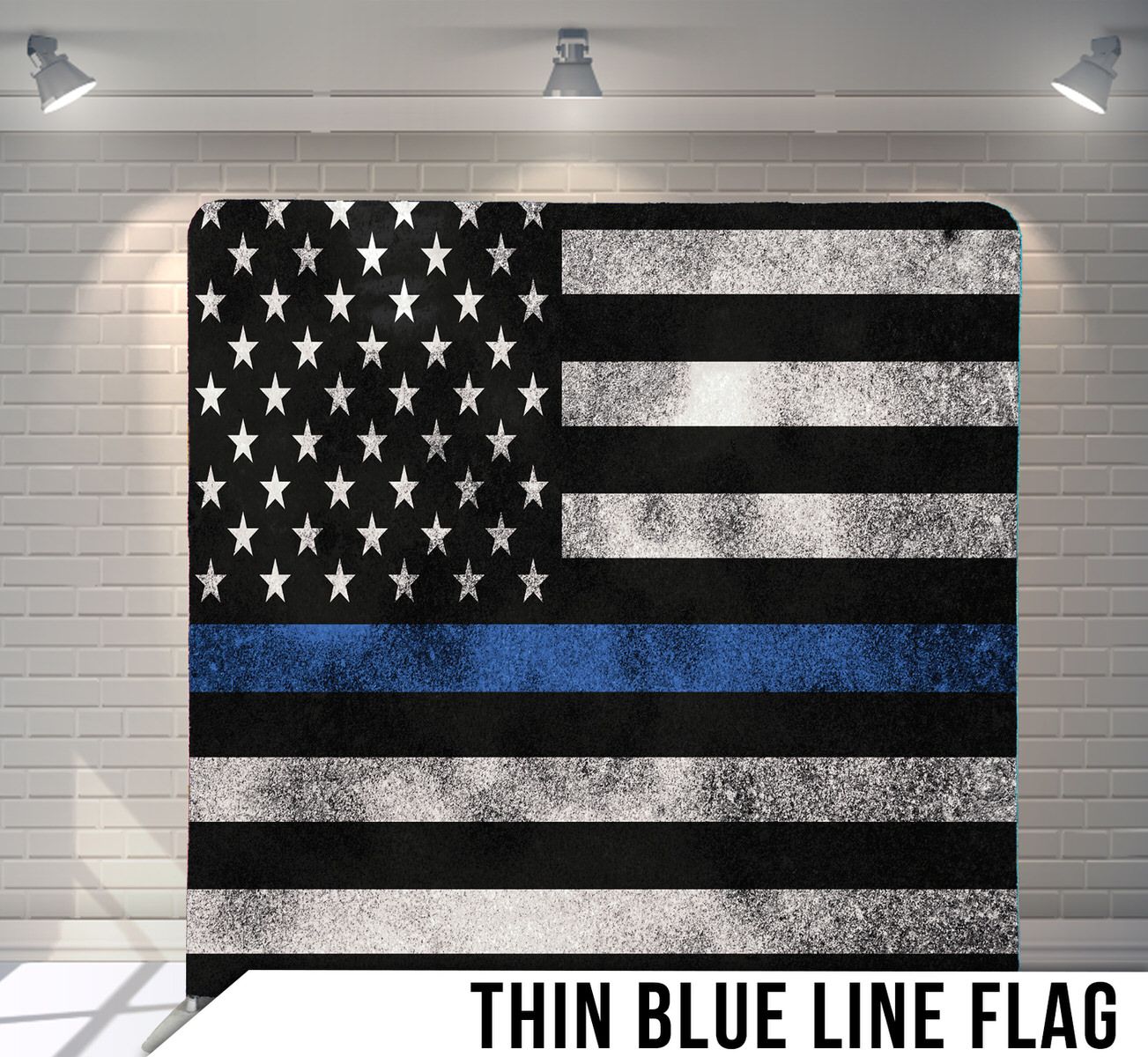 American flag design with distressed texture and thin blue line stripe.