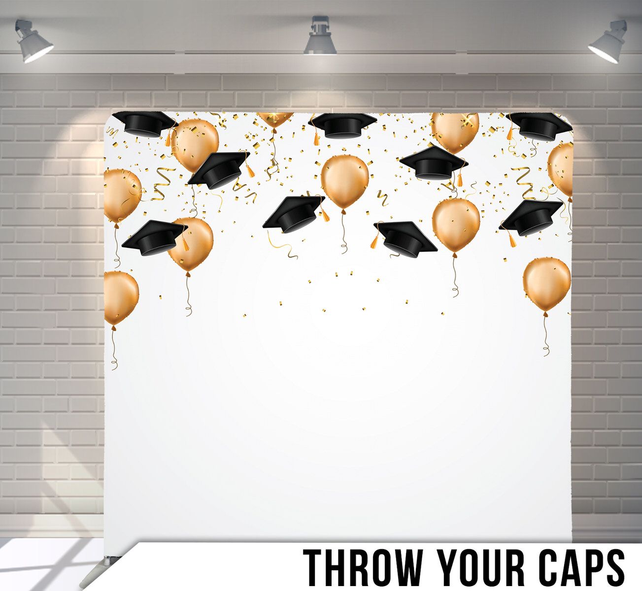 Festive graduation backdrop featuring floating black mortarboard caps and gold balloons on white background.
