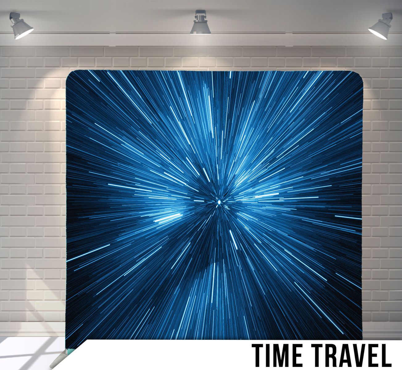 Dynamic blue light speed tunnel effect suggesting time travel or warp speed motion.