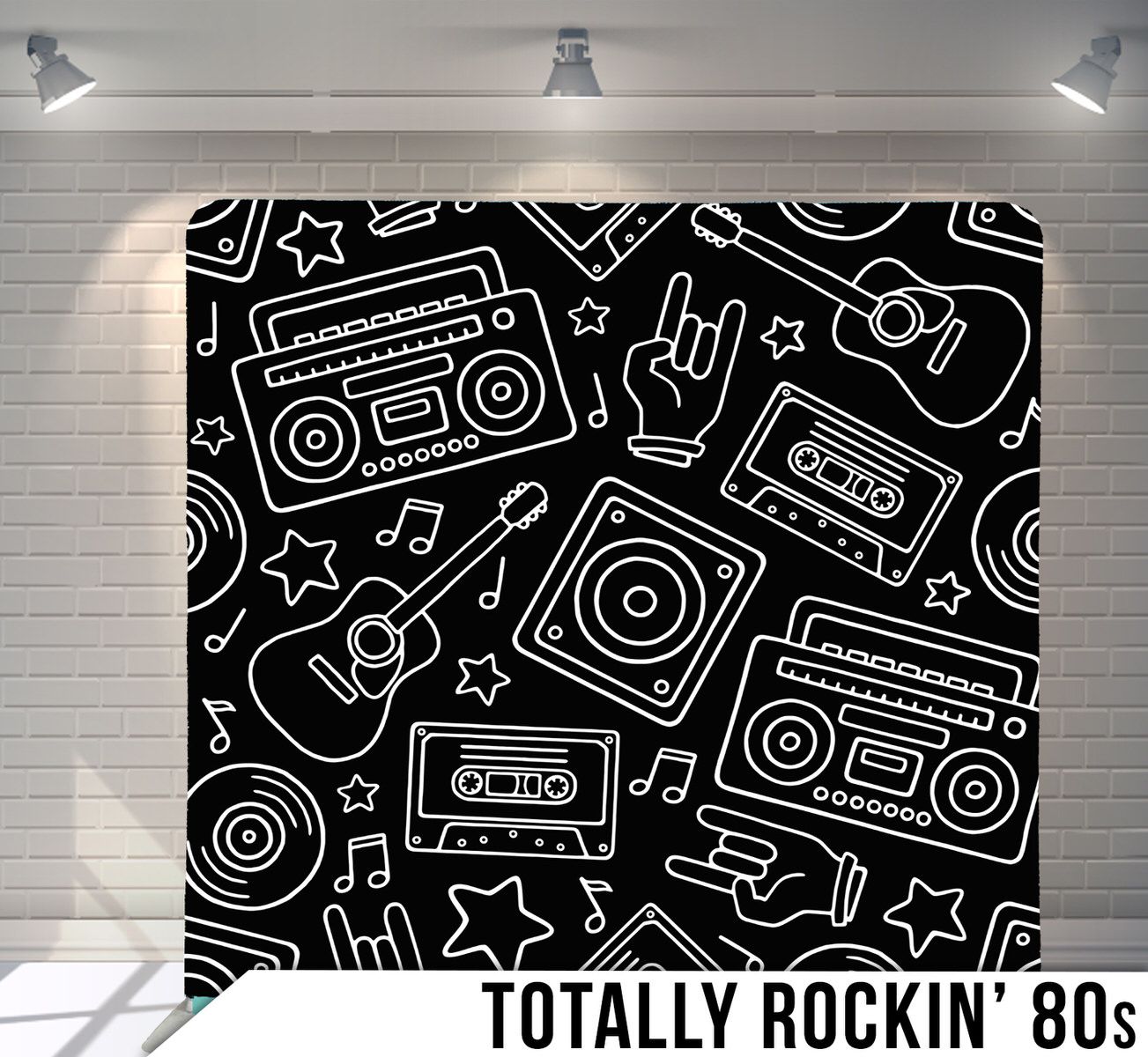 Retro 80s themed pattern with musical instruments and boomboxes in white outline on black background.