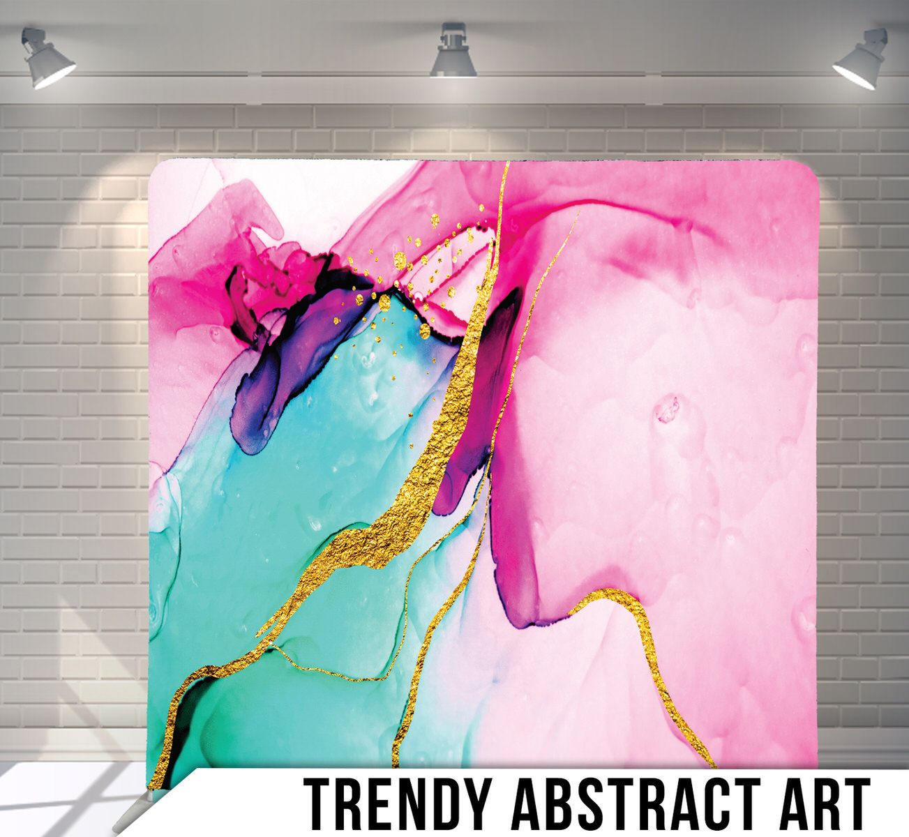 Abstract watercolor art featuring pink, turquoise and gold metallic swirls in modern style.