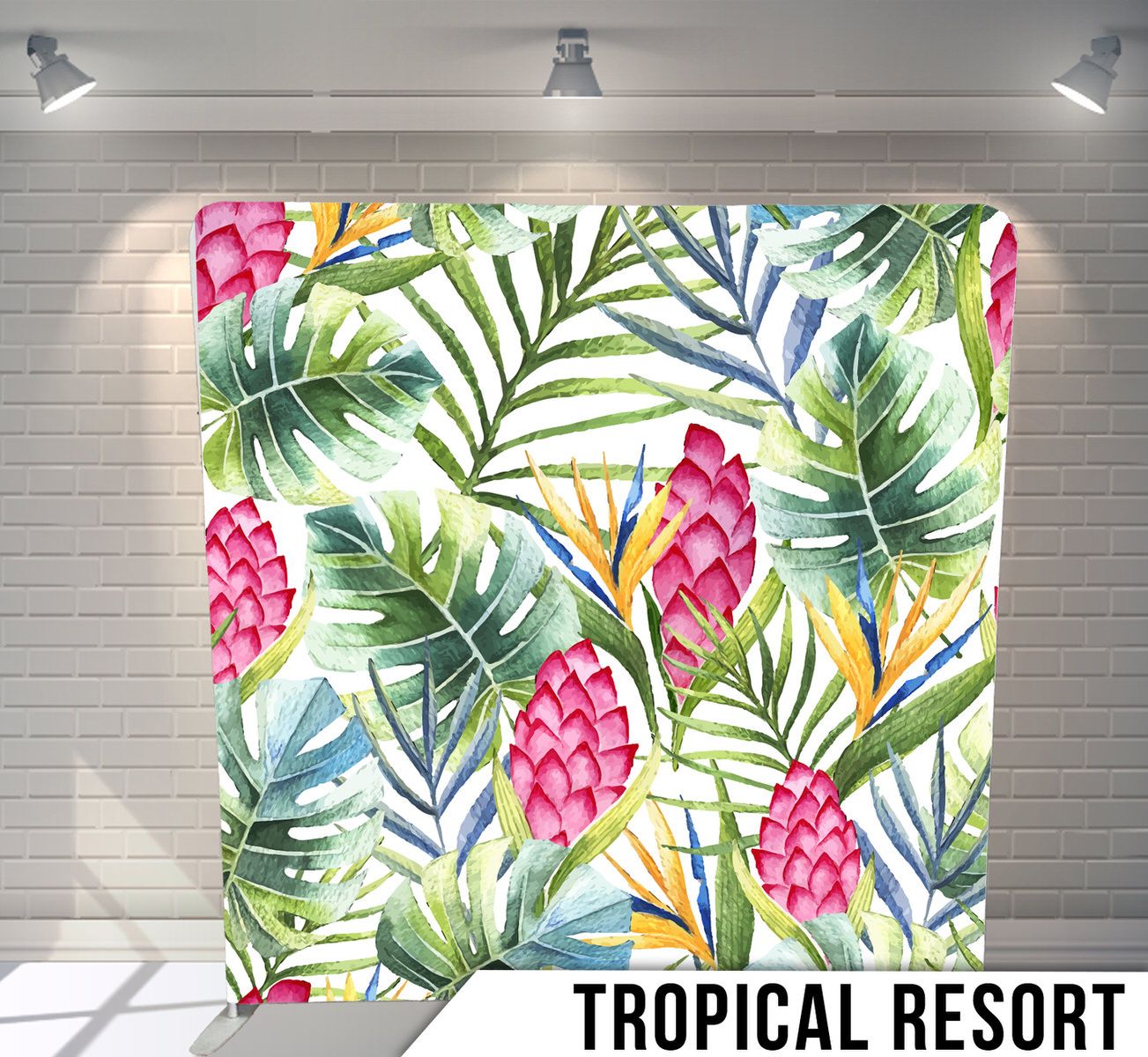 Watercolor tropical pattern with pink pineapples, palm leaves and exotic flowers.