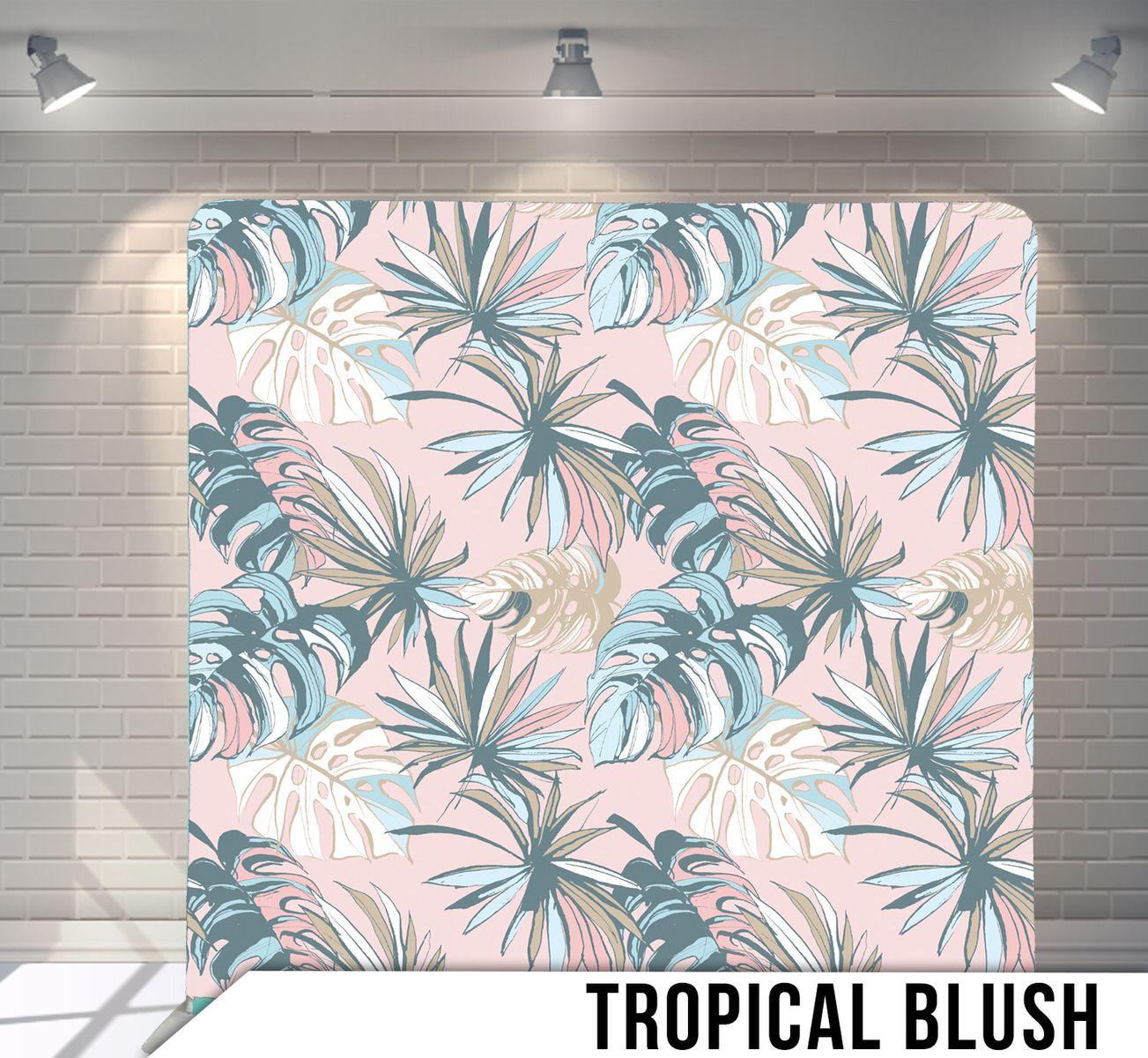 Tropical palm leaves pattern in soft pink and teal colors on a blush background.