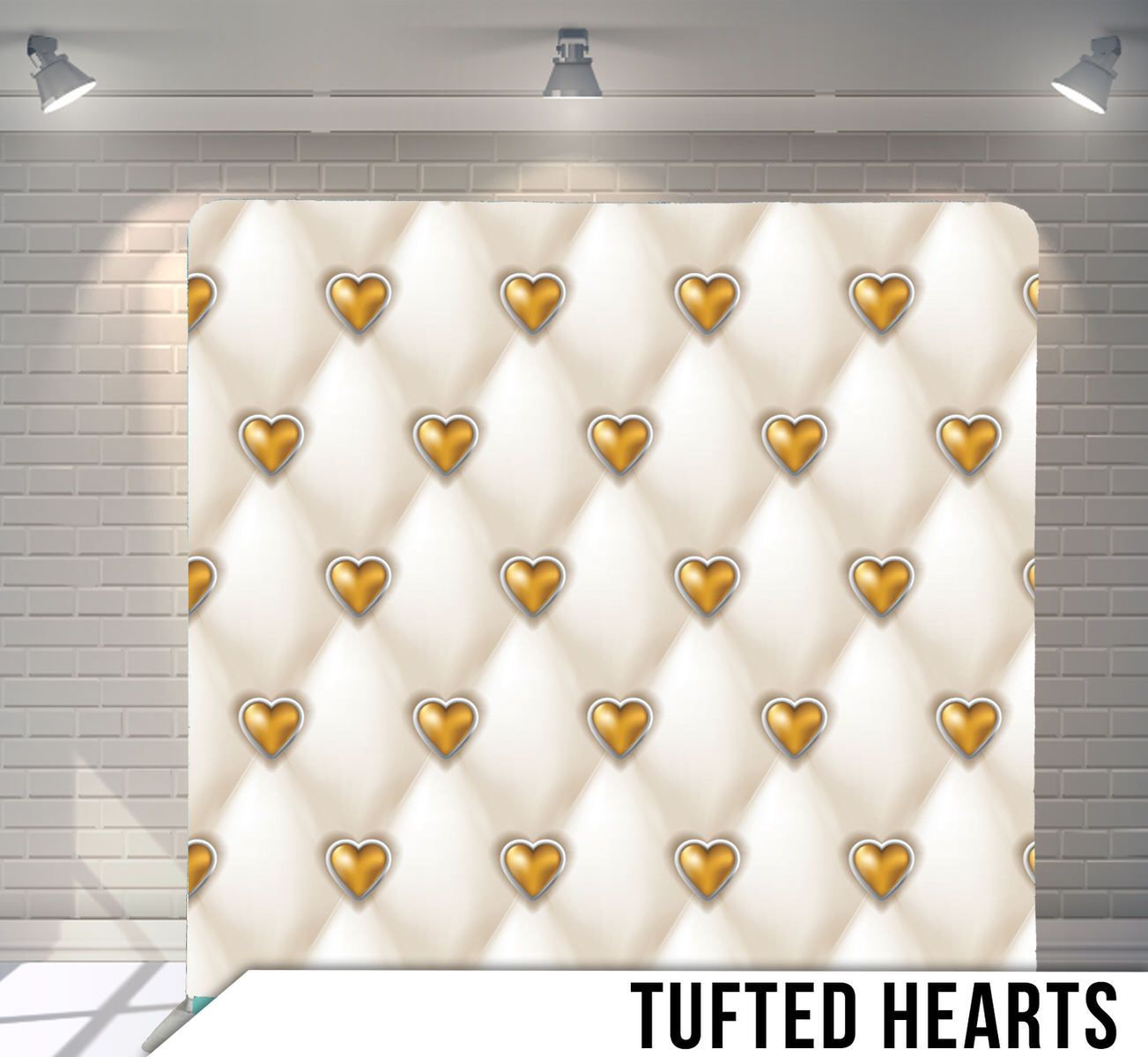 Luxury white quilted leather texture with gold heart-shaped studs in repeating pattern.