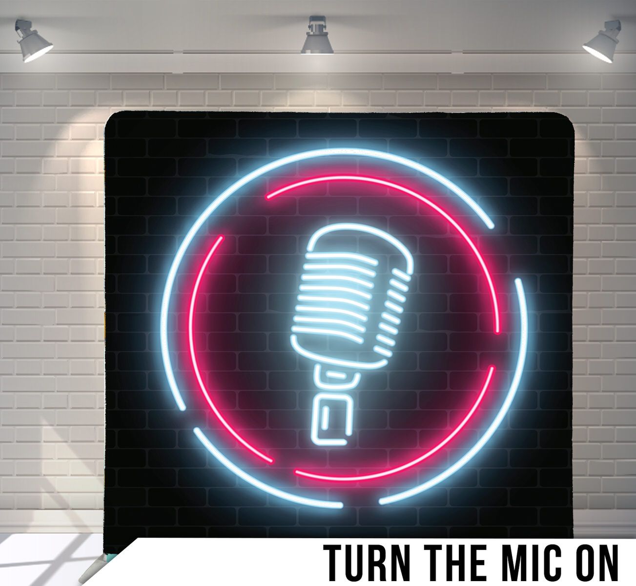 Neon sign featuring vintage microphone icon in blue and pink circular frame against dark background.